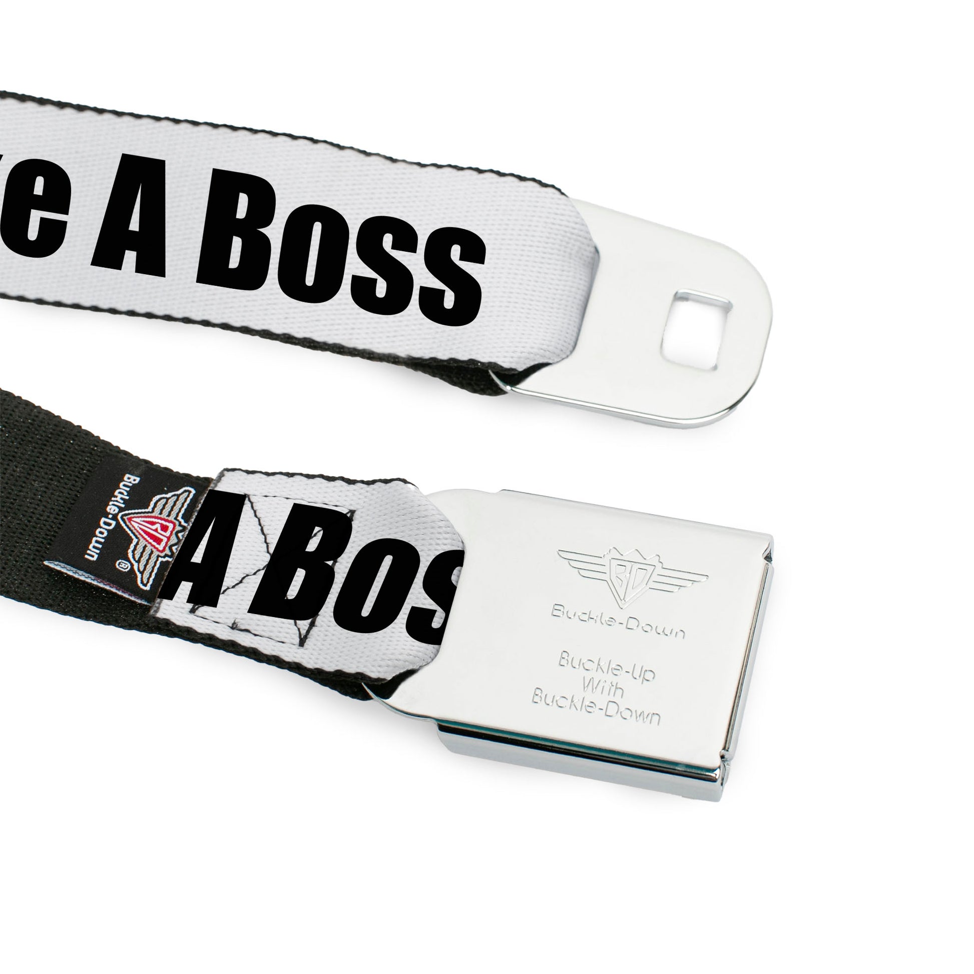 BD Wings Logo CLOSE-UP Full Color Black Silver Seatbelt Belt - LIKE A BOSS White/Black Webbing Seatbelt Belts Buckle-Down