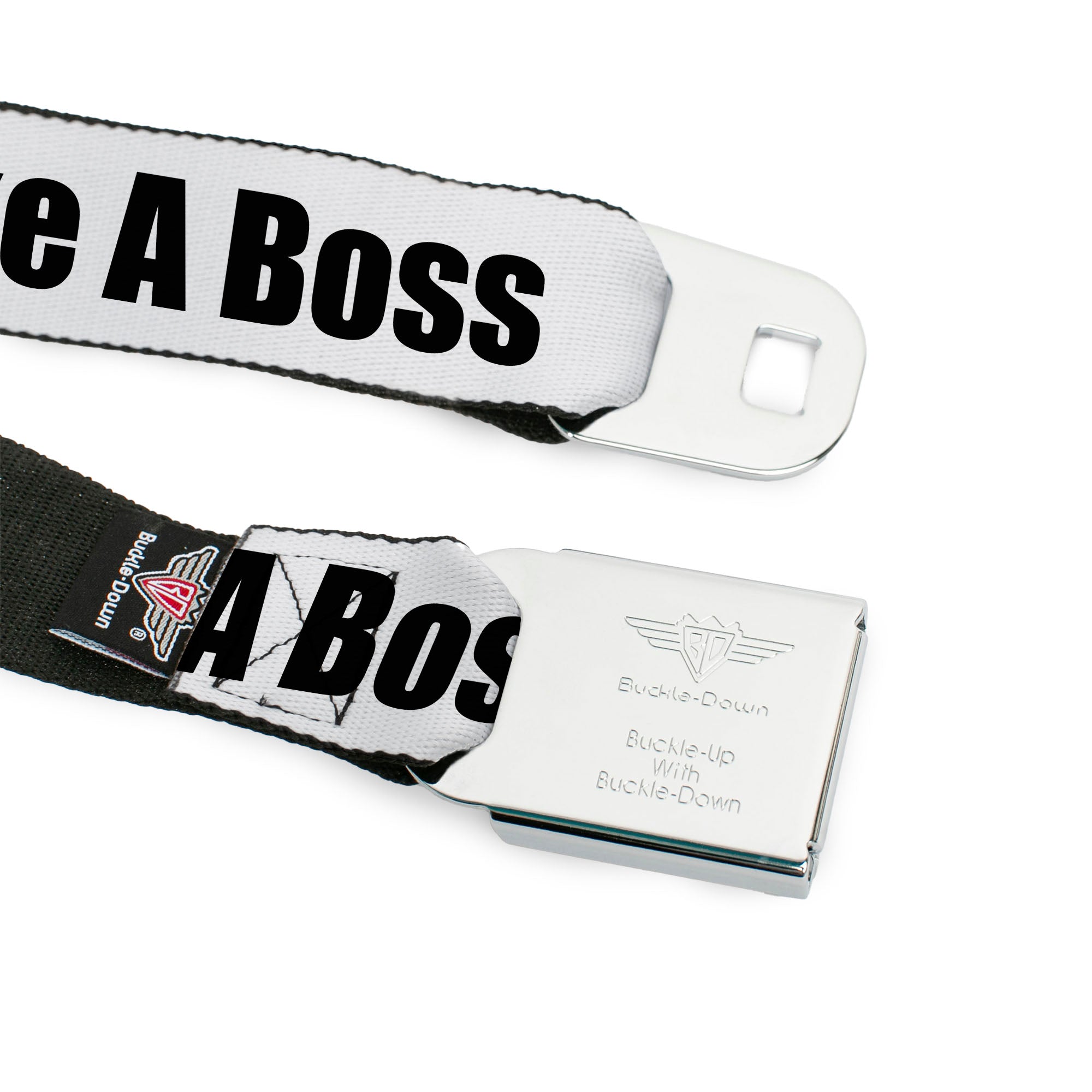 BD Wings Logo CLOSE-UP Full Color Black Silver Seatbelt Belt - LIKE A BOSS White/Black Webbing Seatbelt Belts Buckle-Down