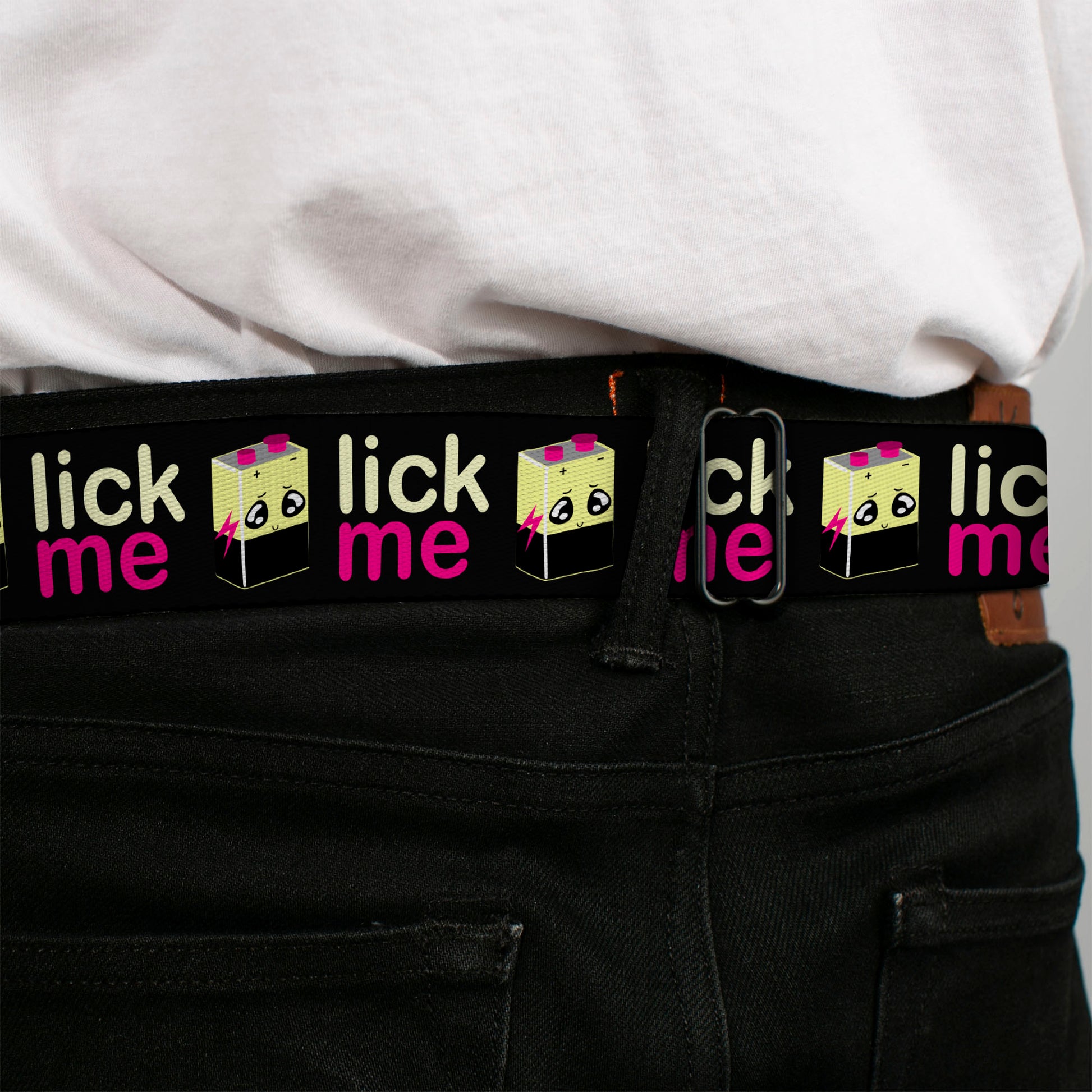 BD Wings Logo CLOSE-UP Full Color Black Silver Seatbelt Belt - LICK ME Battery Cartoon Webbing Seatbelt Belts Buckle-Down