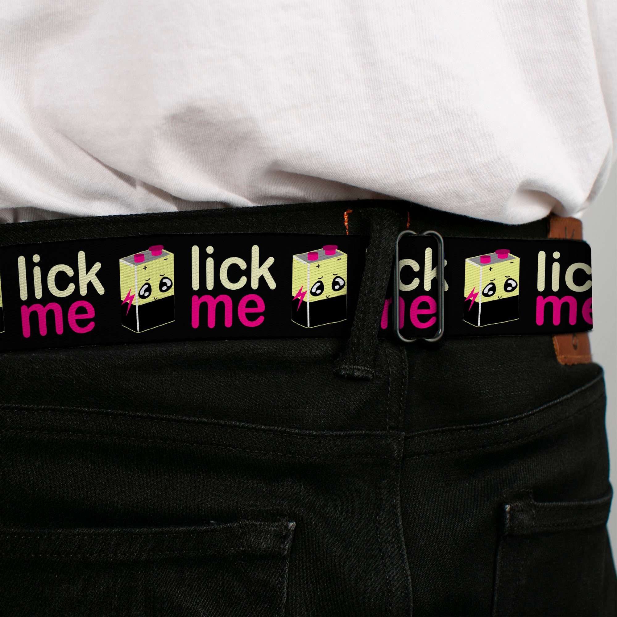 BD Wings Logo CLOSE-UP Full Color Black Silver Seatbelt Belt - LICK ME Battery Cartoon Webbing Seatbelt Belts Buckle-Down