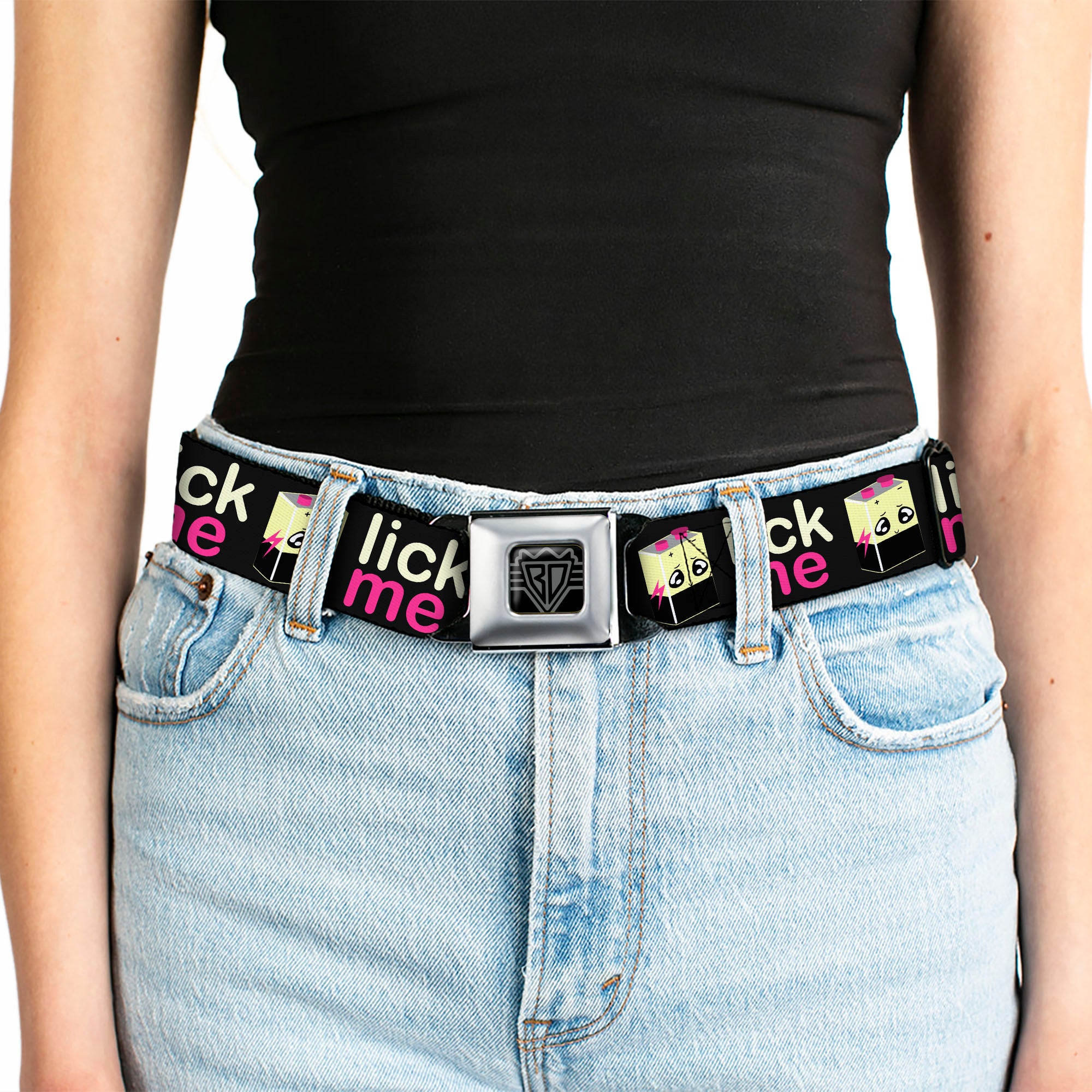 BD Wings Logo CLOSE-UP Full Color Black Silver Seatbelt Belt - LICK ME Battery Cartoon Webbing Seatbelt Belts Buckle-Down