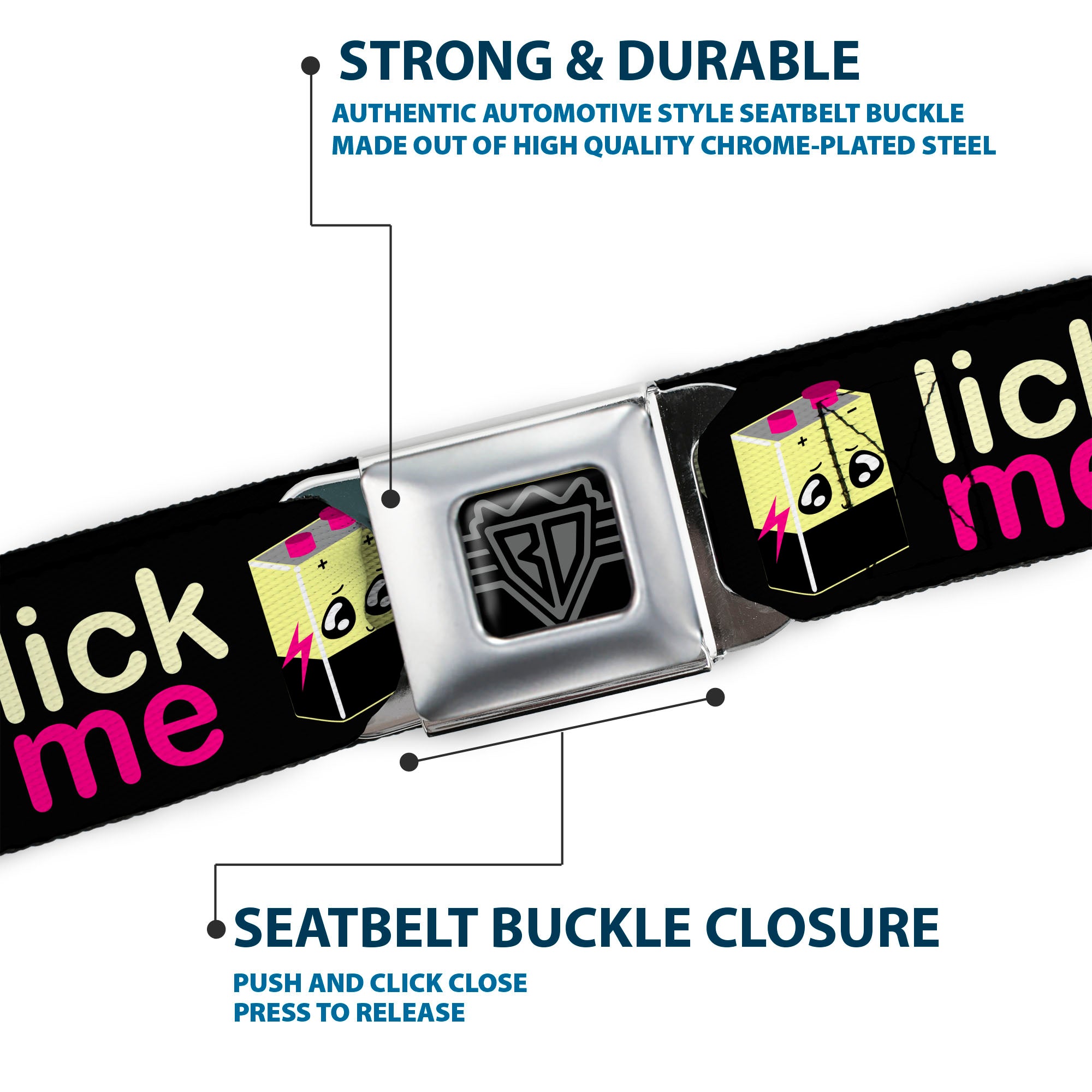 BD Wings Logo CLOSE-UP Full Color Black Silver Seatbelt Belt - LICK ME Battery Cartoon Webbing Seatbelt Belts Buckle-Down
