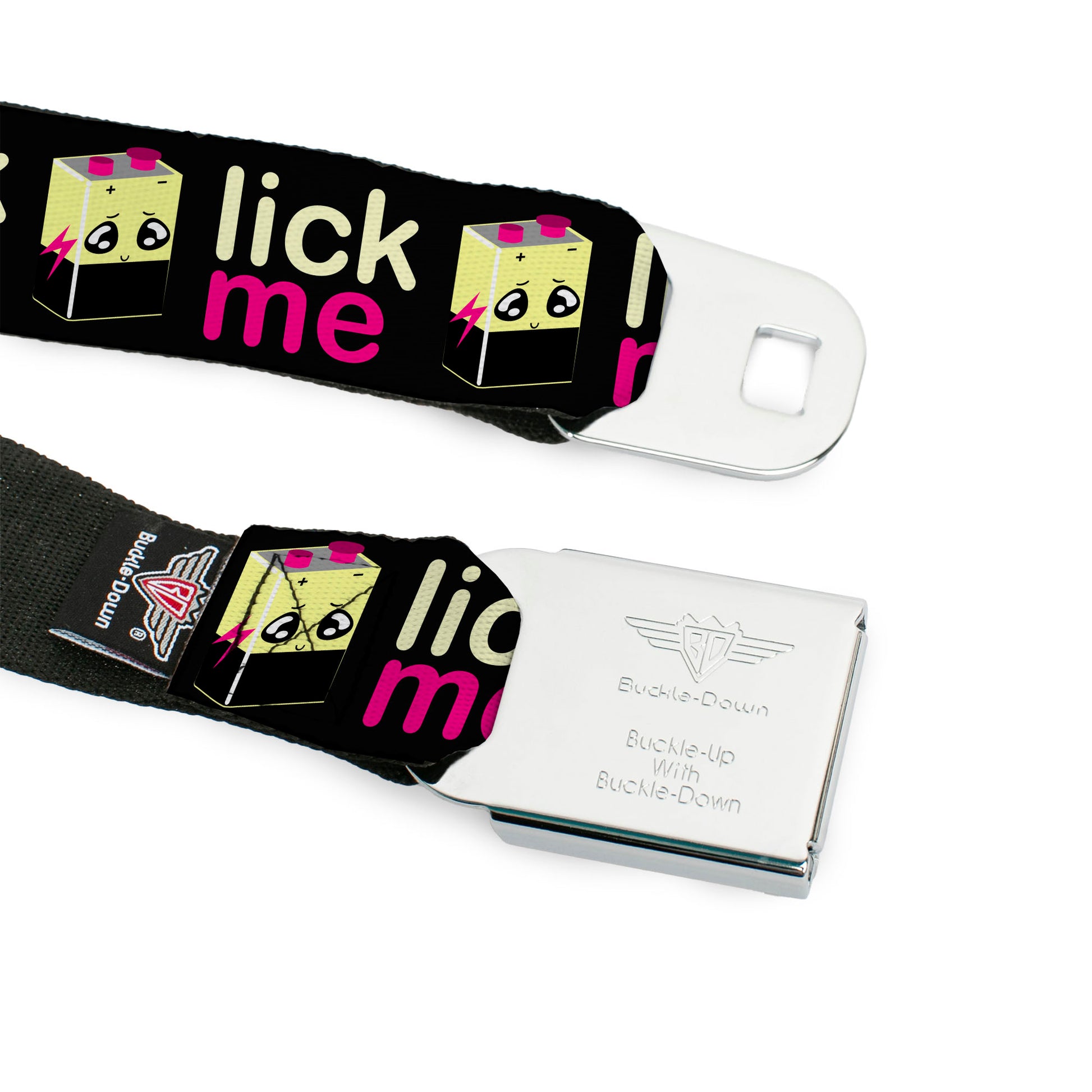 BD Wings Logo CLOSE-UP Full Color Black Silver Seatbelt Belt - LICK ME Battery Cartoon Webbing Seatbelt Belts Buckle-Down