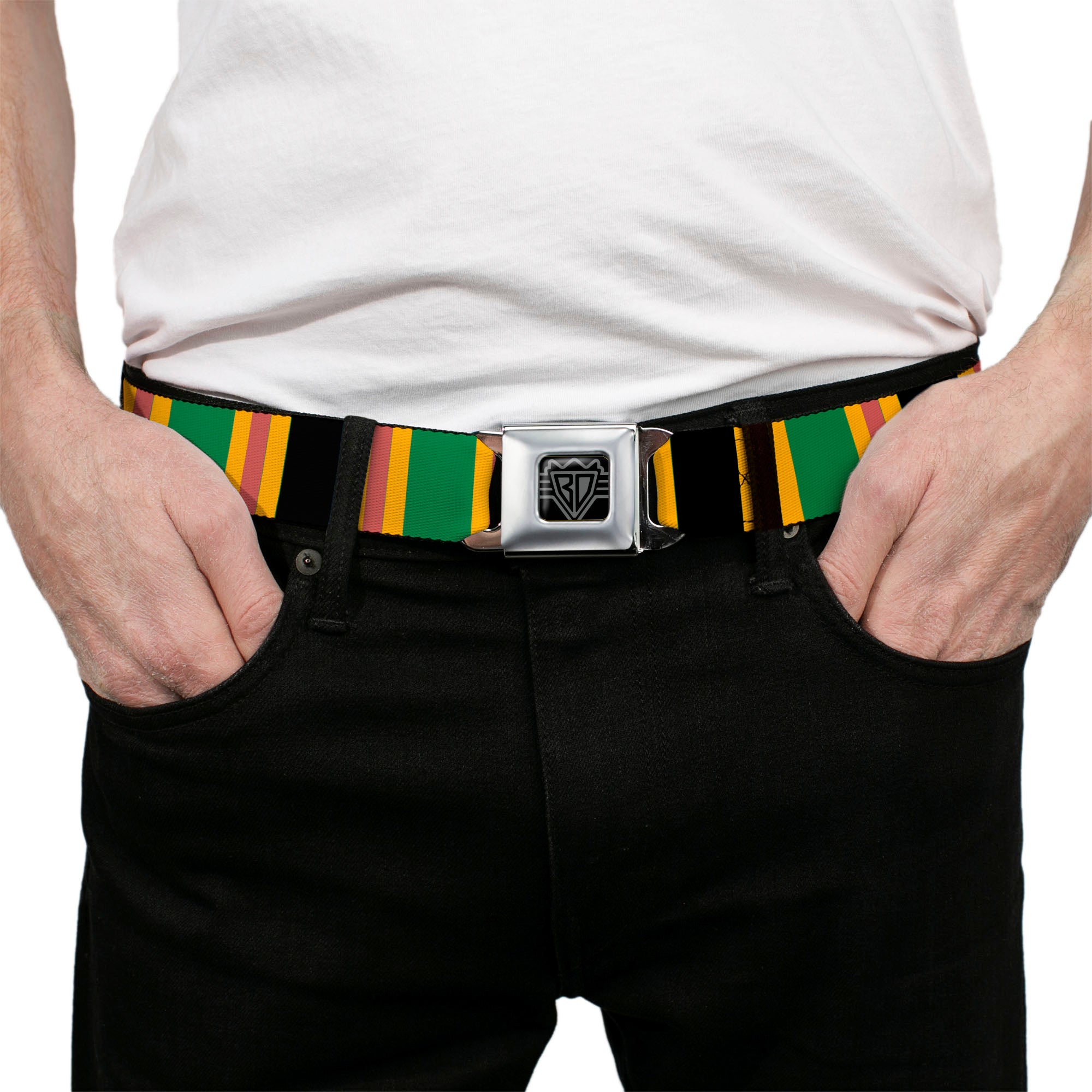 BD Wings Logo CLOSE-UP Full Color Black Silver Seatbelt Belt - Lines Black/Gold/Pink/Green Webbing Seatbelt Belts Buckle-Down