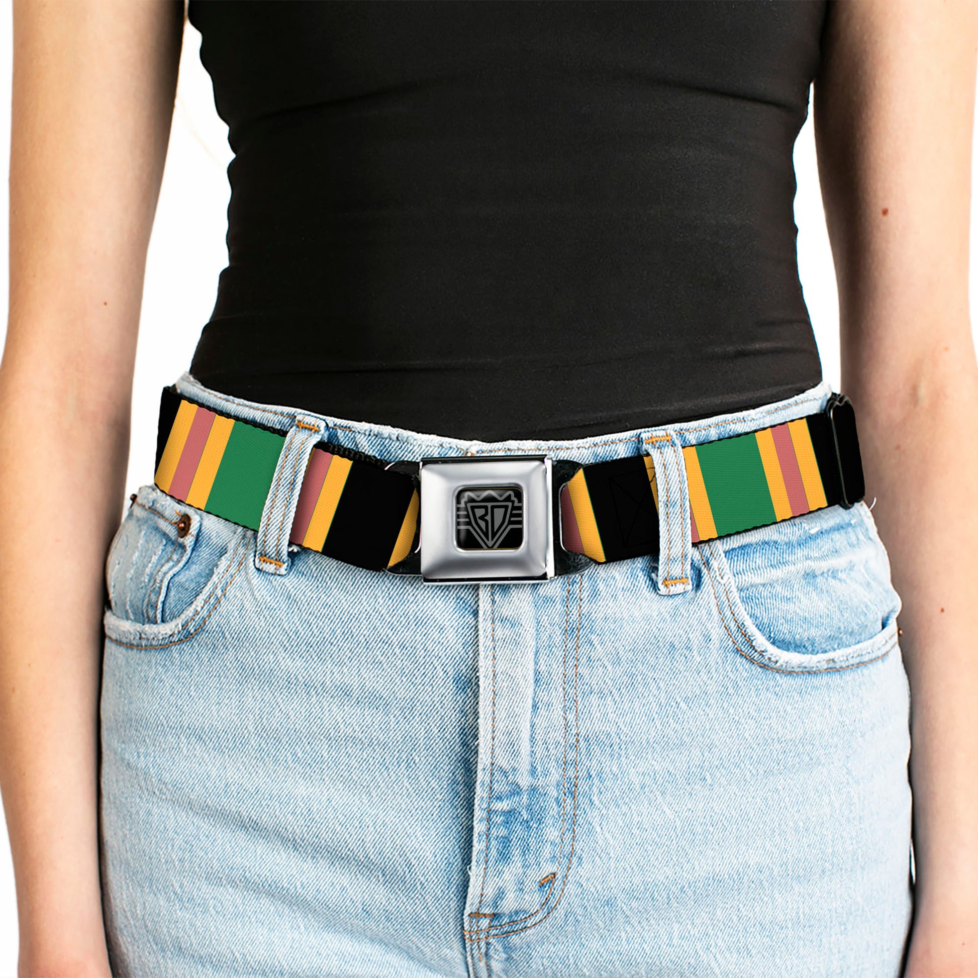 BD Wings Logo CLOSE-UP Full Color Black Silver Seatbelt Belt - Lines Black/Gold/Pink/Green Webbing Seatbelt Belts Buckle-Down