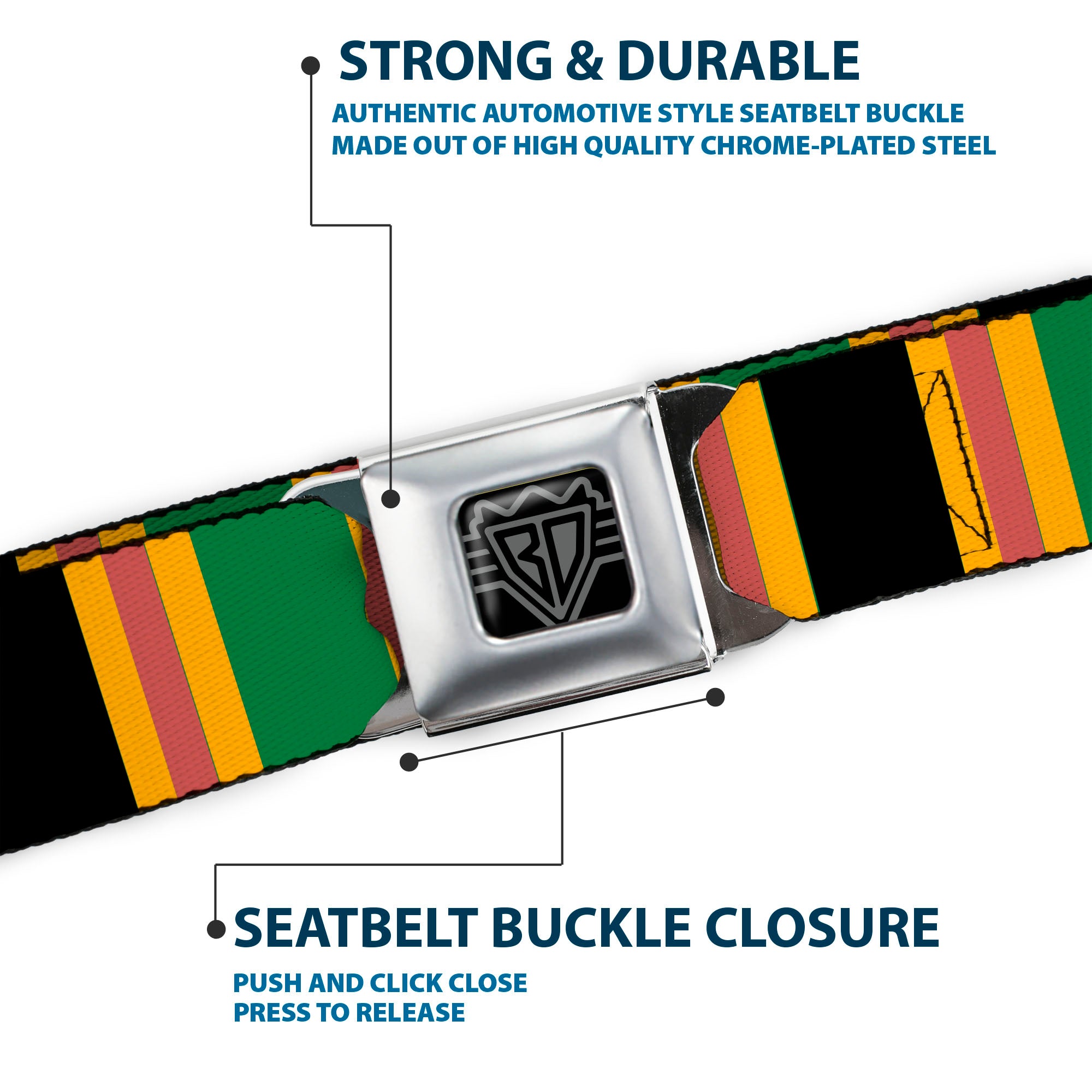 BD Wings Logo CLOSE-UP Full Color Black Silver Seatbelt Belt - Lines Black/Gold/Pink/Green Webbing Seatbelt Belts Buckle-Down