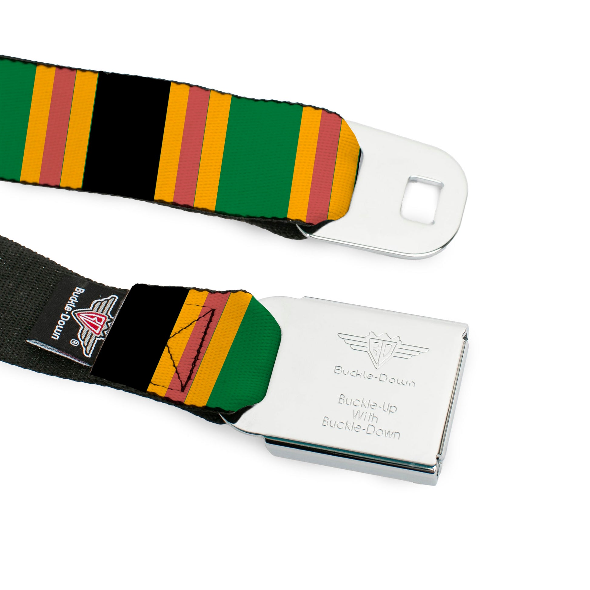 BD Wings Logo CLOSE-UP Full Color Black Silver Seatbelt Belt - Lines Black/Gold/Pink/Green Webbing Seatbelt Belts Buckle-Down