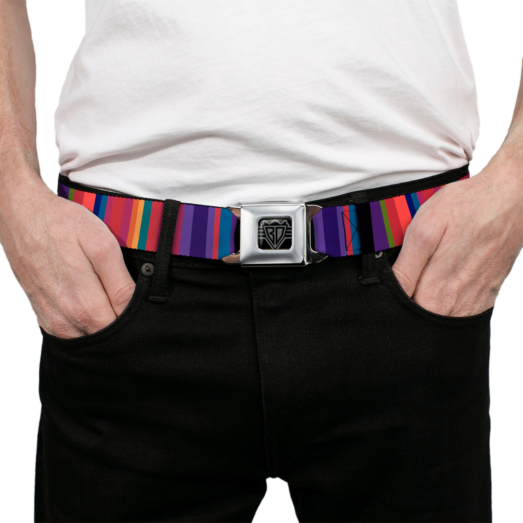 BD Wings Logo CLOSE-UP Full Color Black Silver Seatbelt Belt - Lines Reds/Purples Webbing Seatbelt Belts Buckle-Down