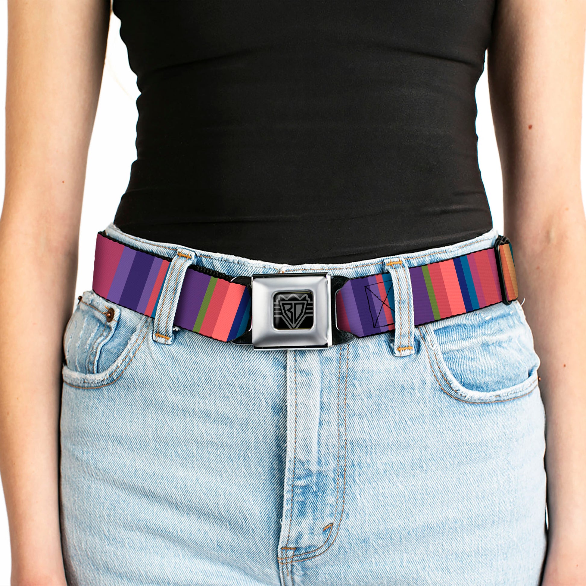 BD Wings Logo CLOSE-UP Full Color Black Silver Seatbelt Belt - Lines Reds/Purples Webbing Seatbelt Belts Buckle-Down