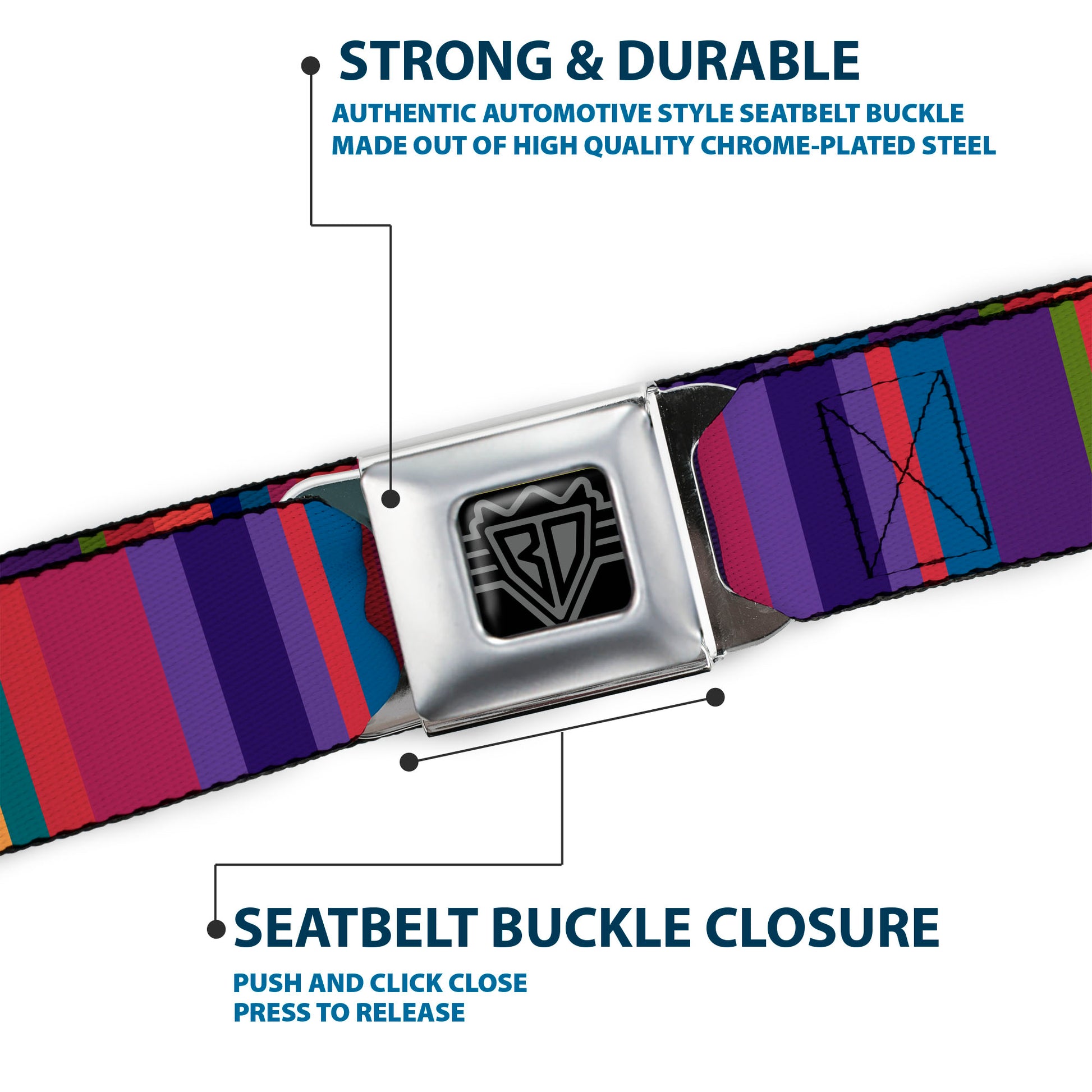BD Wings Logo CLOSE-UP Full Color Black Silver Seatbelt Belt - Lines Reds/Purples Webbing Seatbelt Belts Buckle-Down