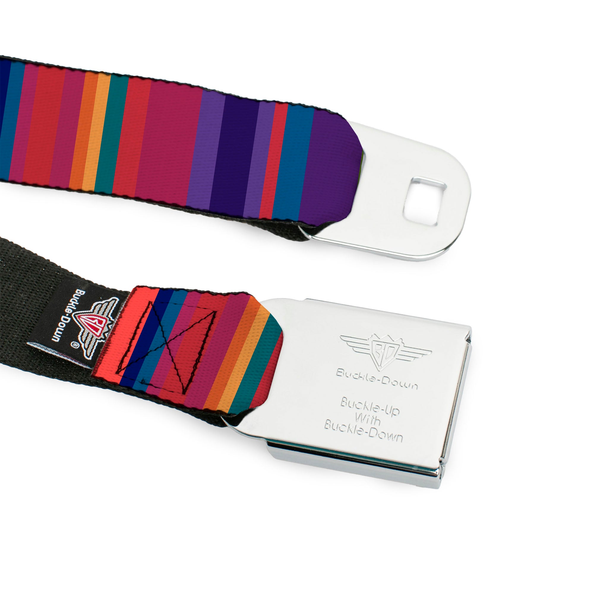 BD Wings Logo CLOSE-UP Full Color Black Silver Seatbelt Belt - Lines Reds/Purples Webbing Seatbelt Belts Buckle-Down