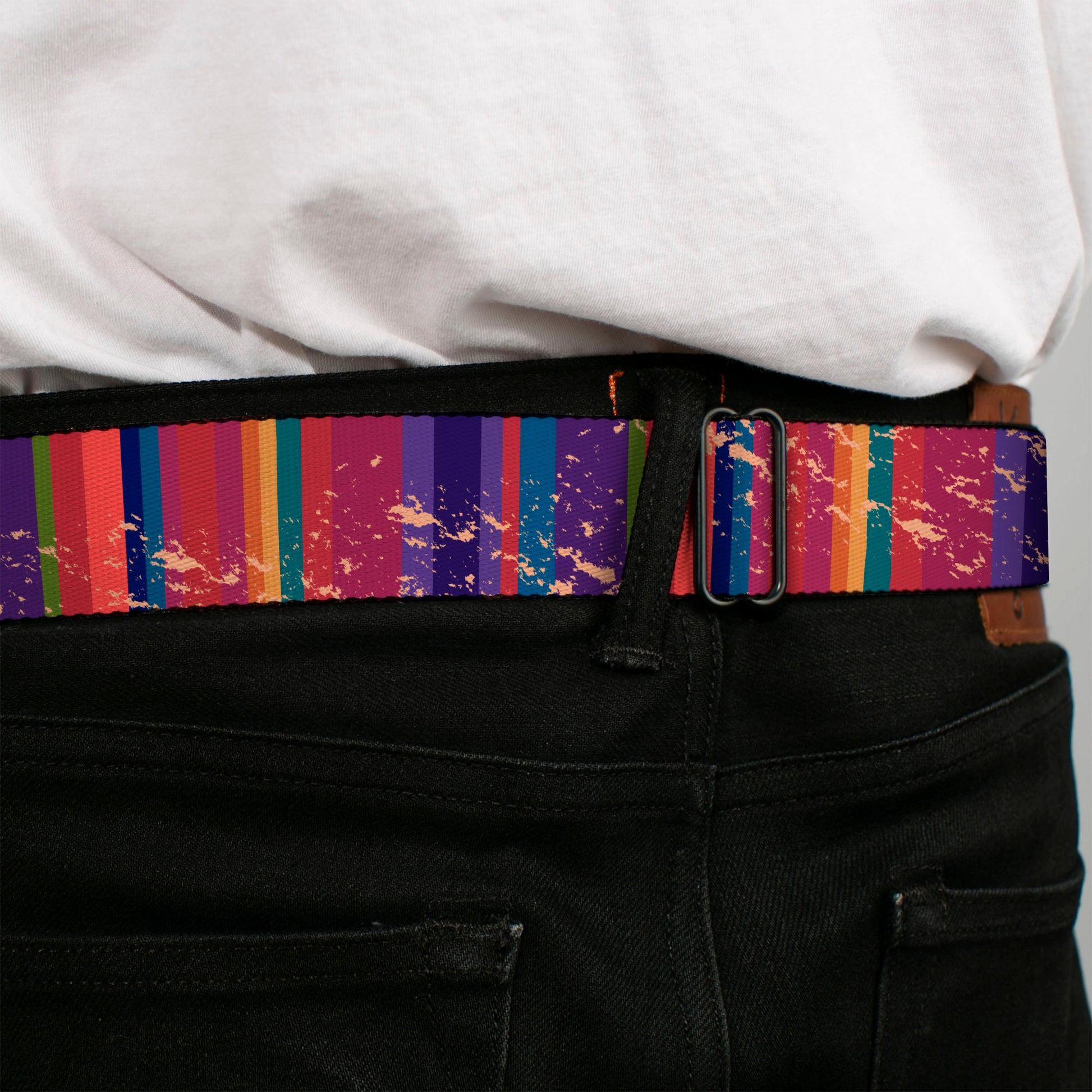 BD Wings Logo CLOSE-UP Full Color Black Silver Seatbelt Belt - Lines Weathered Reds/Purples Webbing Seatbelt Belts Buckle-Down