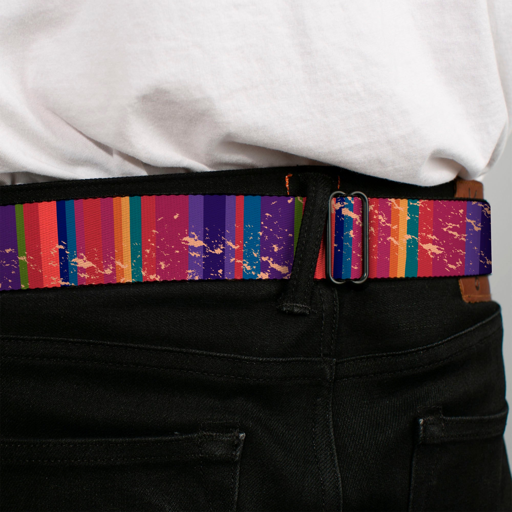 BD Wings Logo CLOSE-UP Full Color Black Silver Seatbelt Belt - Lines Weathered Reds/Purples Webbing Seatbelt Belts Buckle-Down