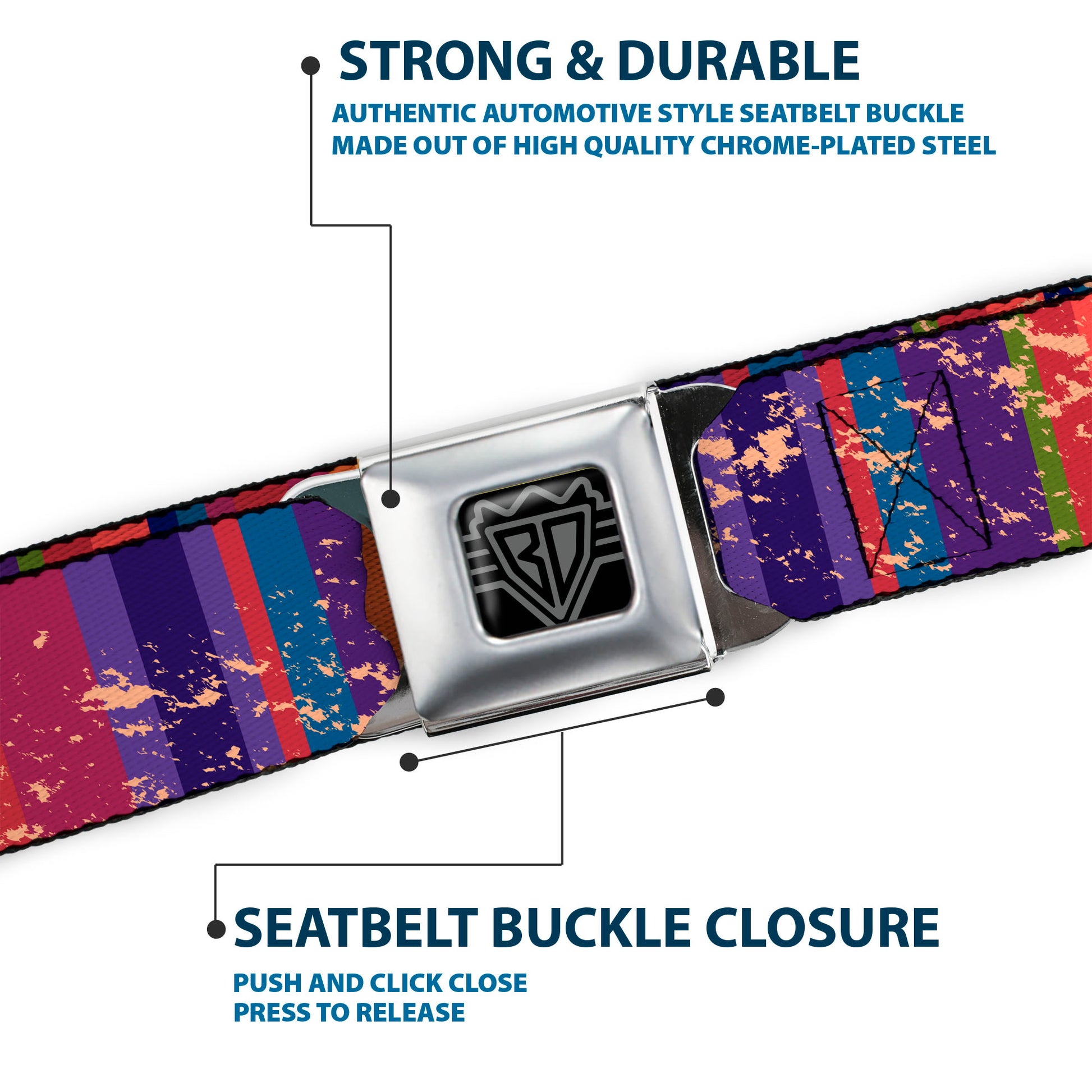 BD Wings Logo CLOSE-UP Full Color Black Silver Seatbelt Belt - Lines Weathered Reds/Purples Webbing Seatbelt Belts Buckle-Down
