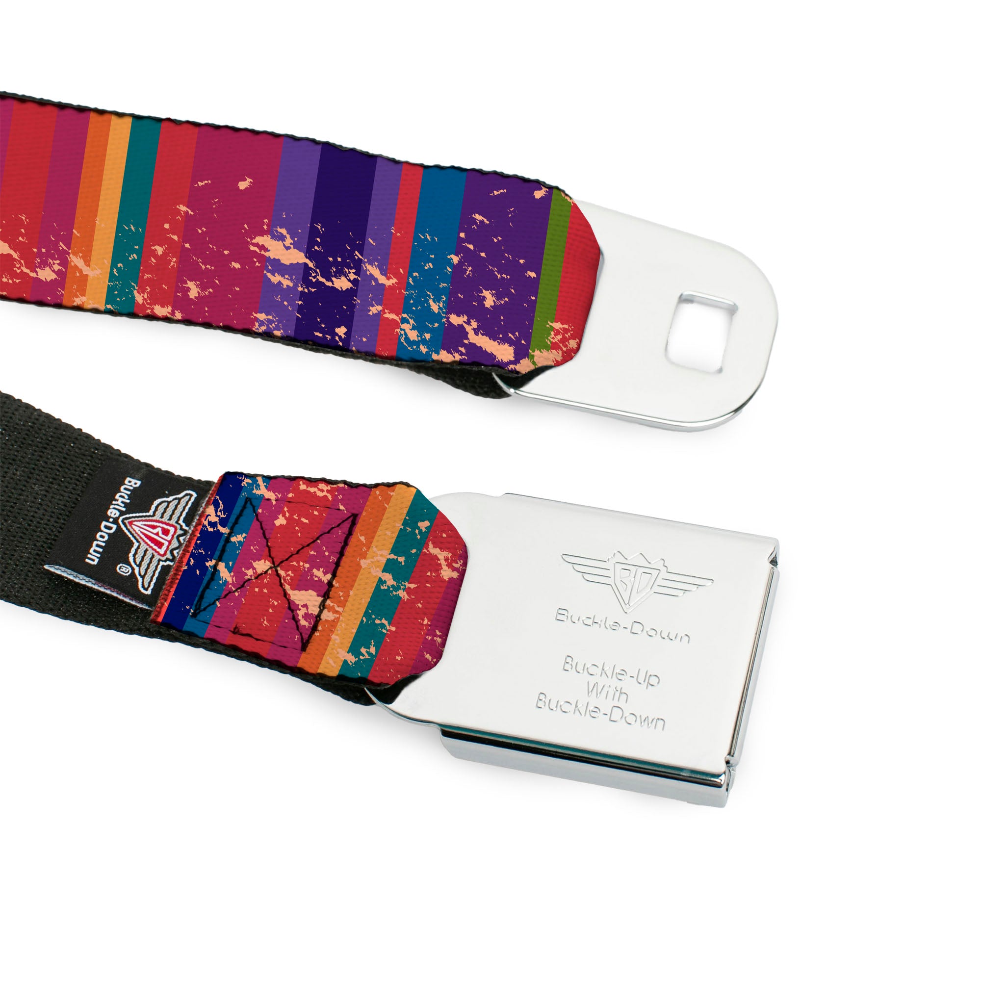 BD Wings Logo CLOSE-UP Full Color Black Silver Seatbelt Belt - Lines Weathered Reds/Purples Webbing Seatbelt Belts Buckle-Down