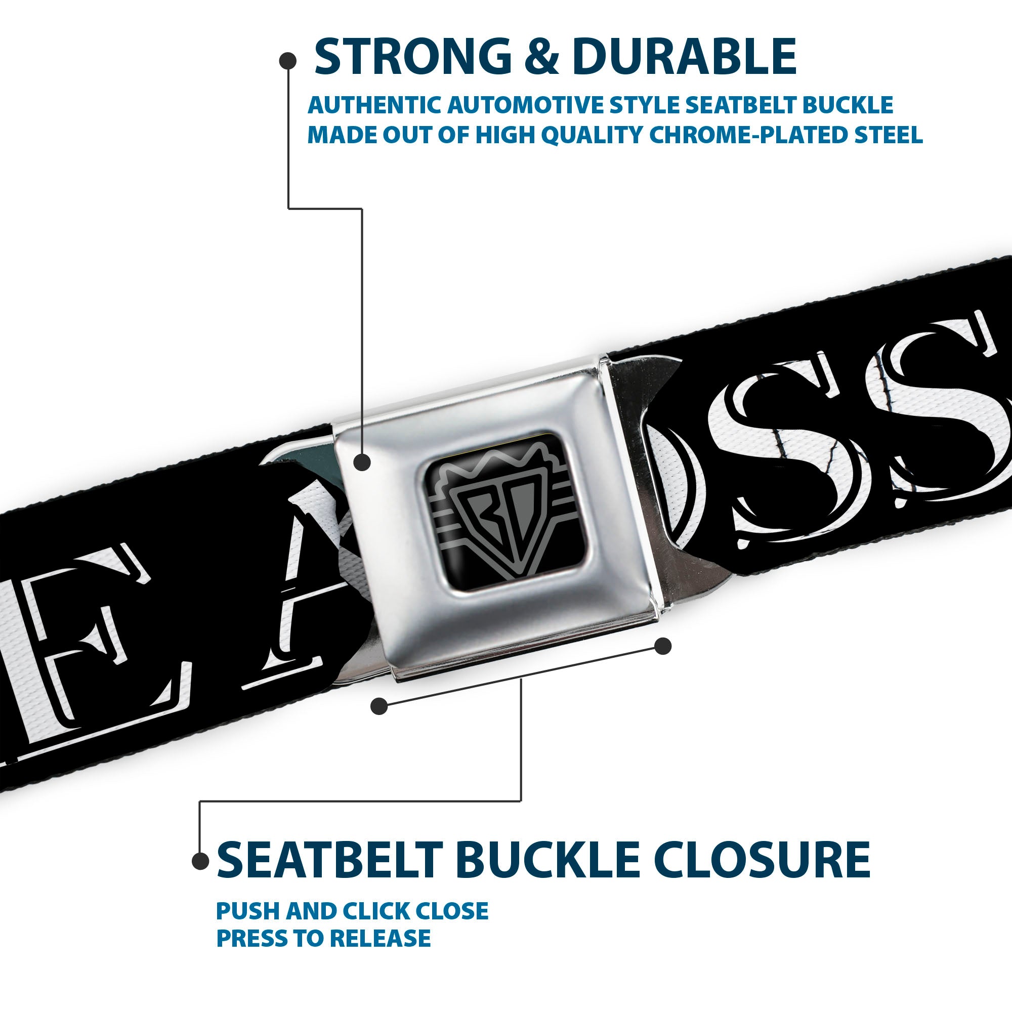 BD Wings Logo CLOSE-UP Full Color Black Silver Seatbelt Belt - LIKE A BOSS2 Black/Red Webbing Seatbelt Belts Buckle-Down