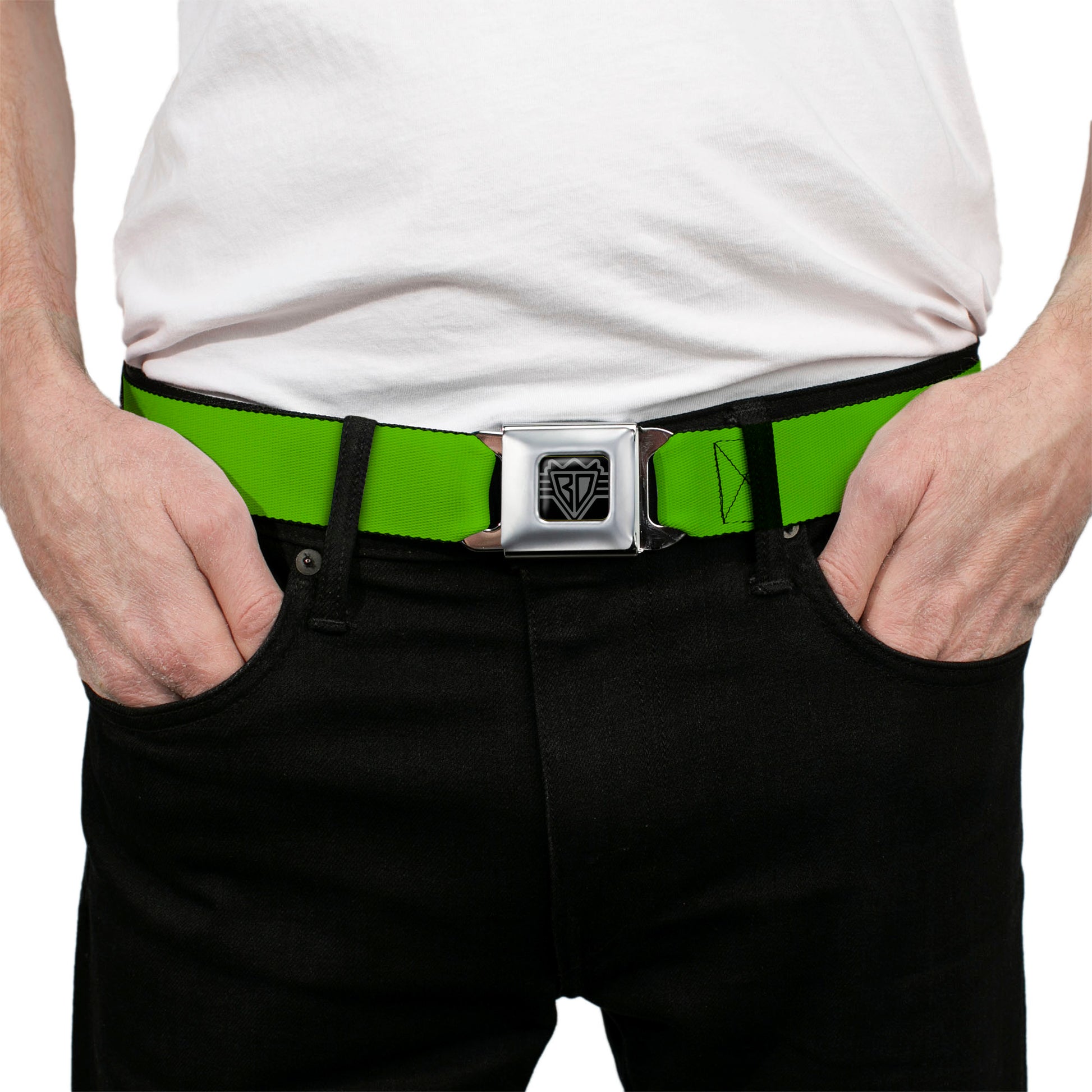 BD Wings Logo CLOSE-UP Full Color Black Silver Seatbelt Belt - Lime Green Webbing Seatbelt Belts Buckle-Down