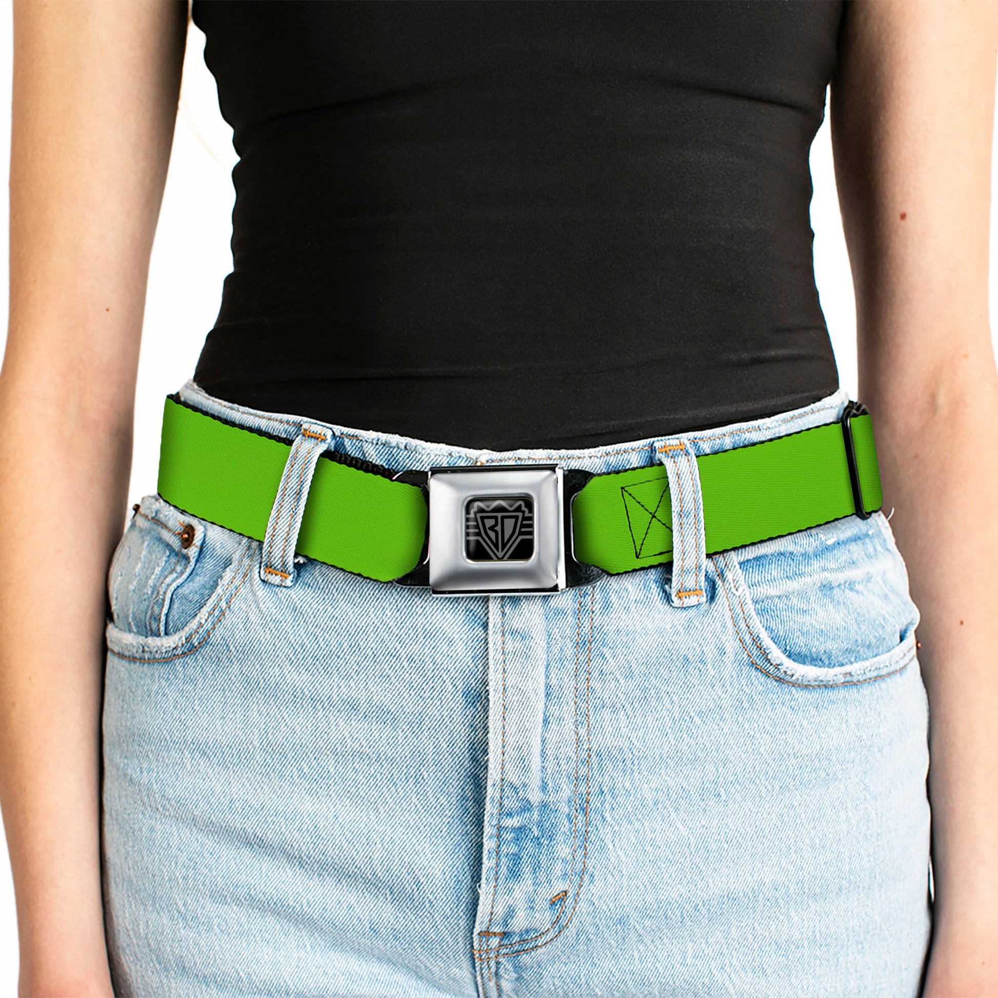 BD Wings Logo CLOSE-UP Full Color Black Silver Seatbelt Belt - Lime Green Webbing Seatbelt Belts Buckle-Down