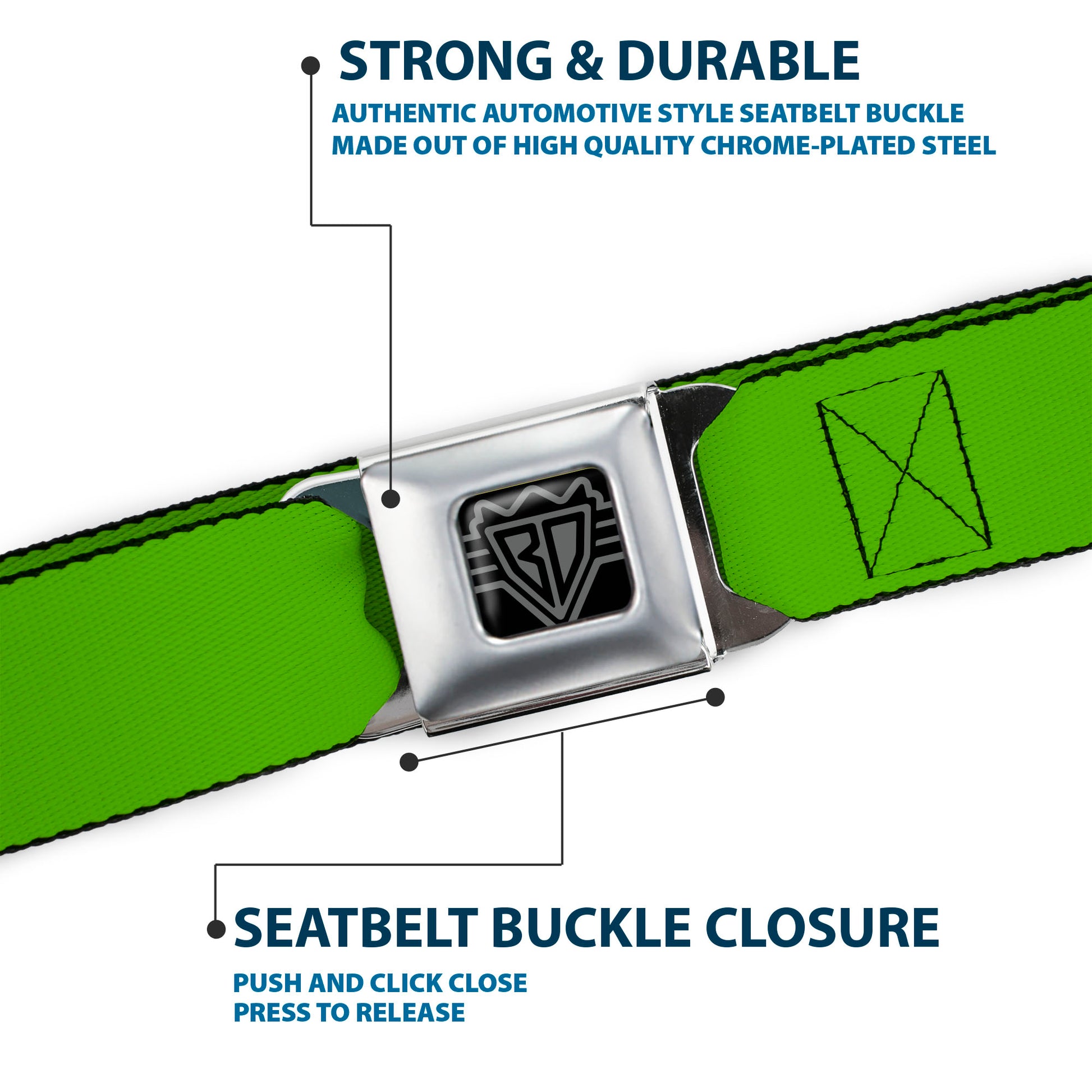 BD Wings Logo CLOSE-UP Full Color Black Silver Seatbelt Belt - Lime Green Webbing Seatbelt Belts Buckle-Down