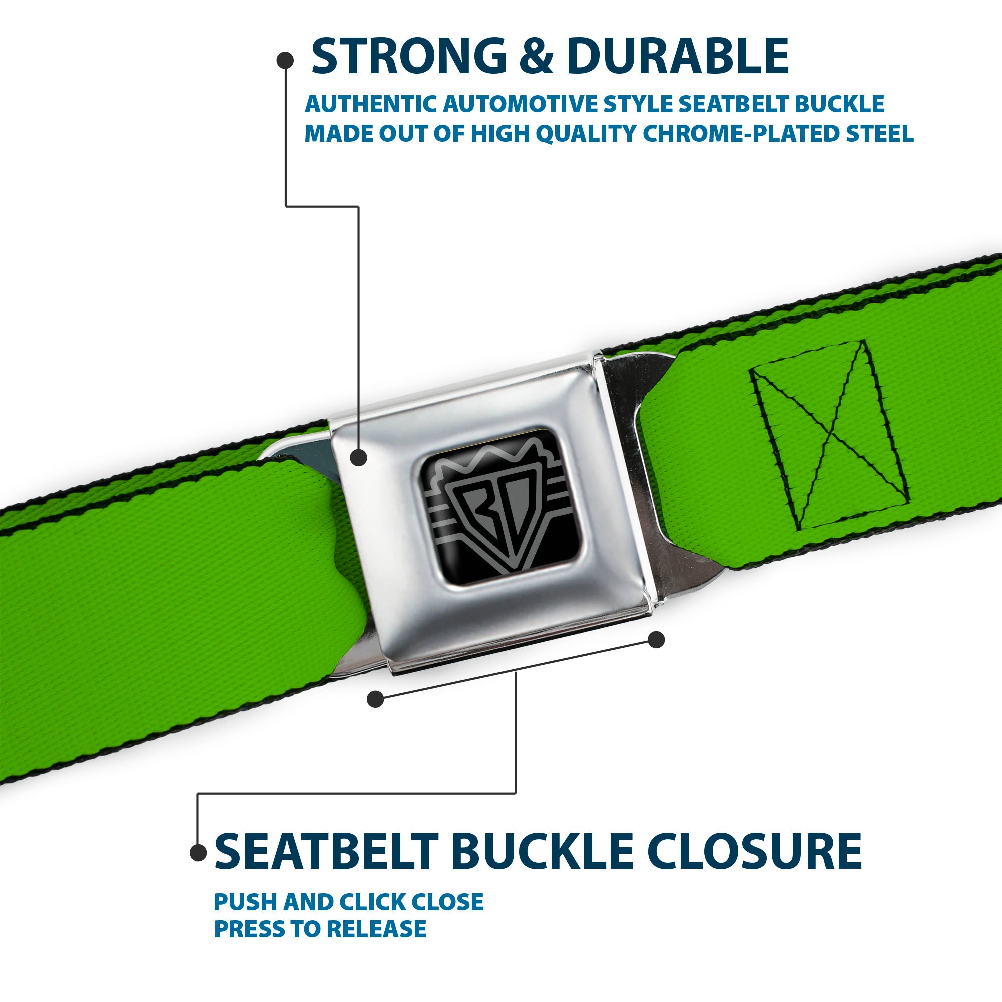 BD Wings Logo CLOSE-UP Full Color Black Silver Seatbelt Belt - Lime Green Webbing Seatbelt Belts Buckle-Down