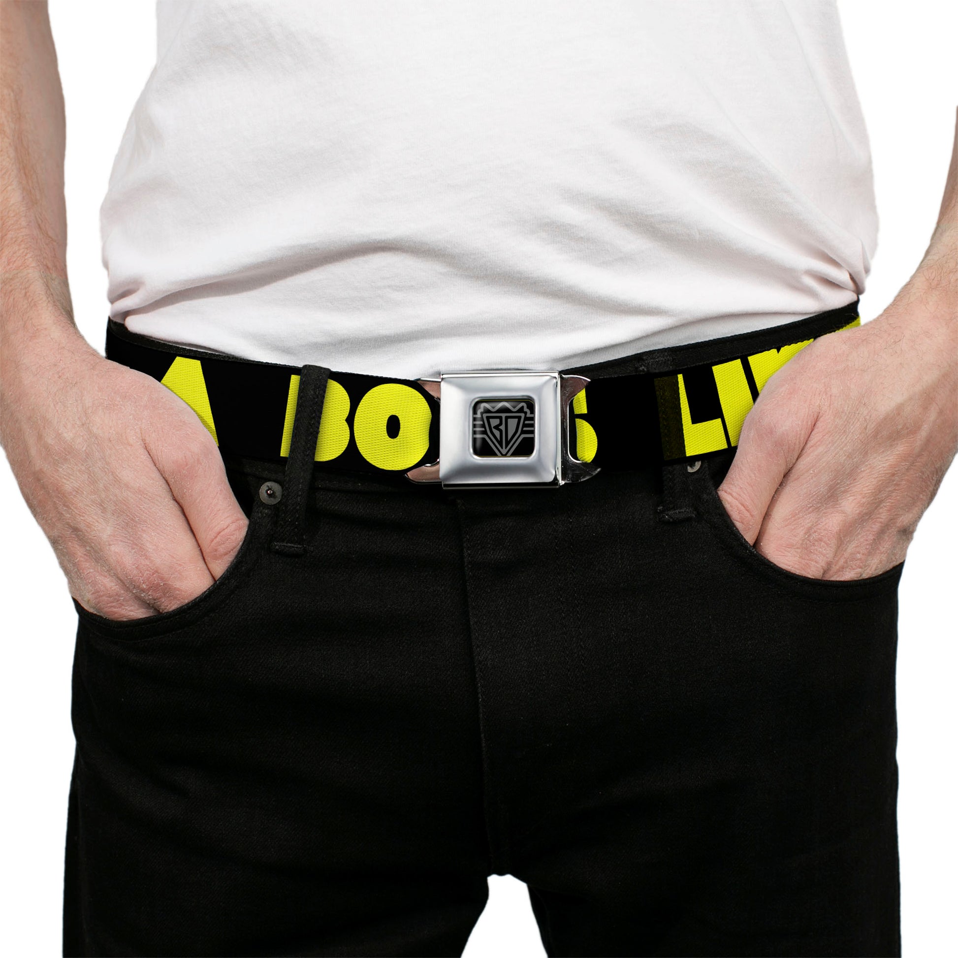 BD Wings Logo CLOSE-UP Full Color Black Silver Seatbelt Belt - LIKE A BOSS Black/Yellow Webbing Seatbelt Belts Buckle-Down