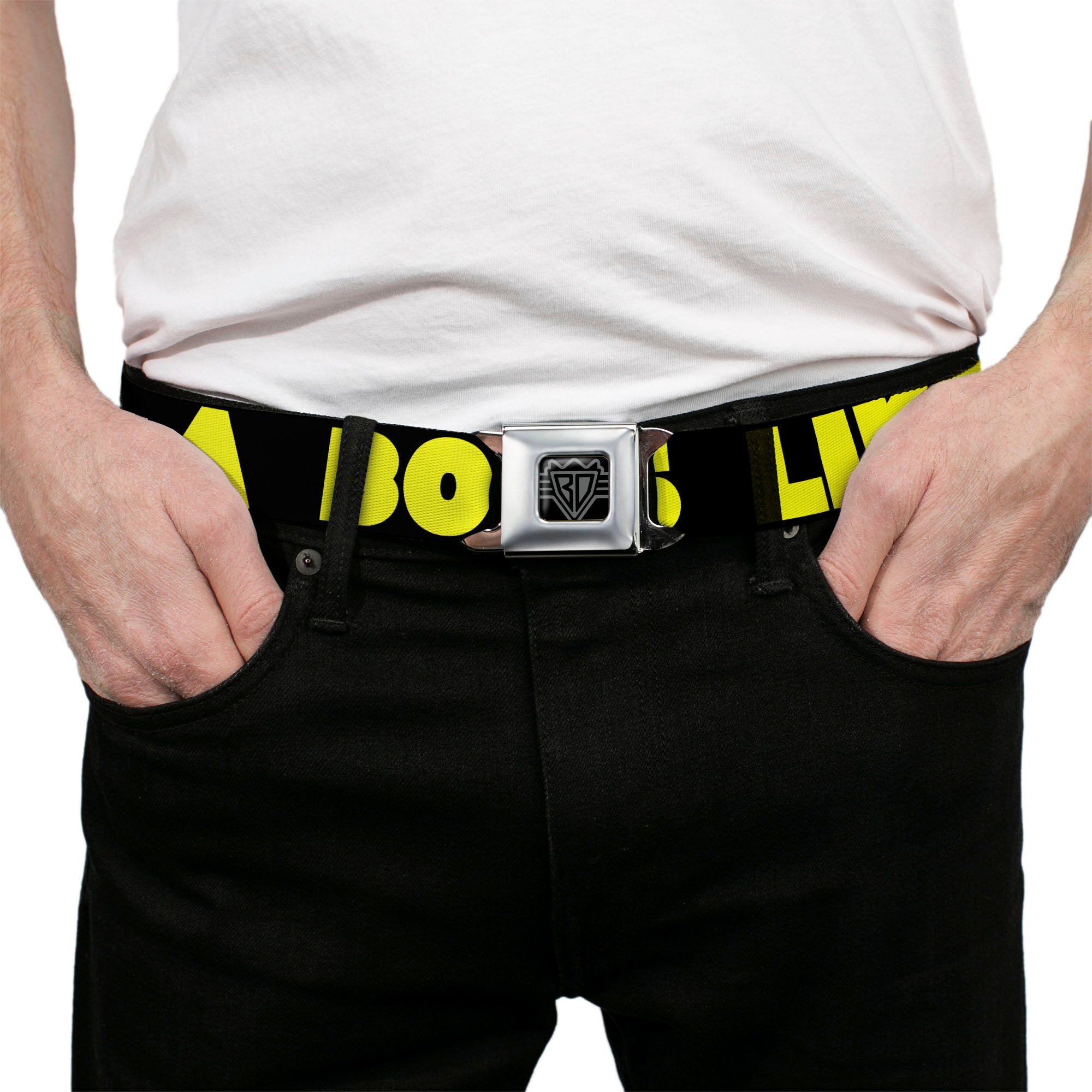 BD Wings Logo CLOSE-UP Full Color Black Silver Seatbelt Belt - LIKE A BOSS Black/Yellow Webbing Seatbelt Belts Buckle-Down