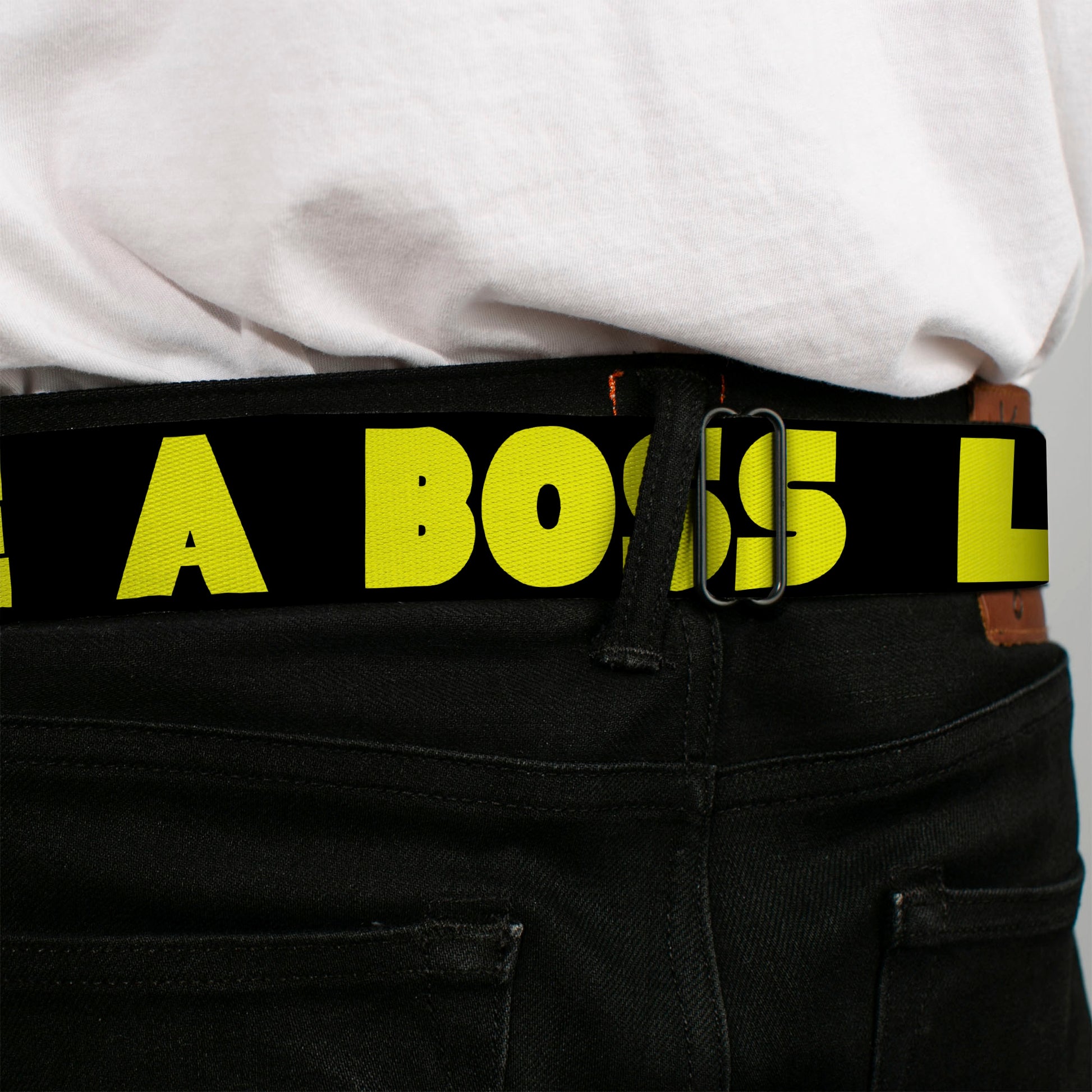 BD Wings Logo CLOSE-UP Full Color Black Silver Seatbelt Belt - LIKE A BOSS Black/Yellow Webbing Seatbelt Belts Buckle-Down