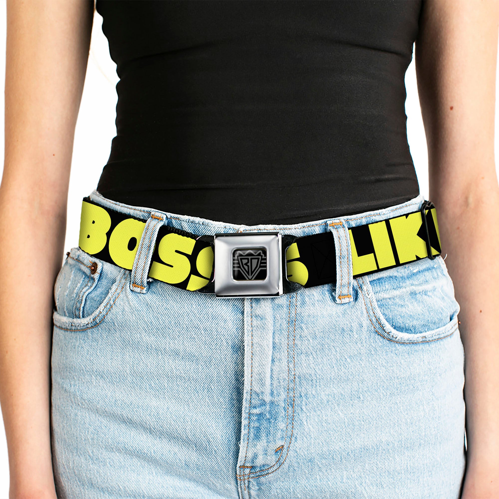 BD Wings Logo CLOSE-UP Full Color Black Silver Seatbelt Belt - LIKE A BOSS Black/Yellow Webbing Seatbelt Belts Buckle-Down