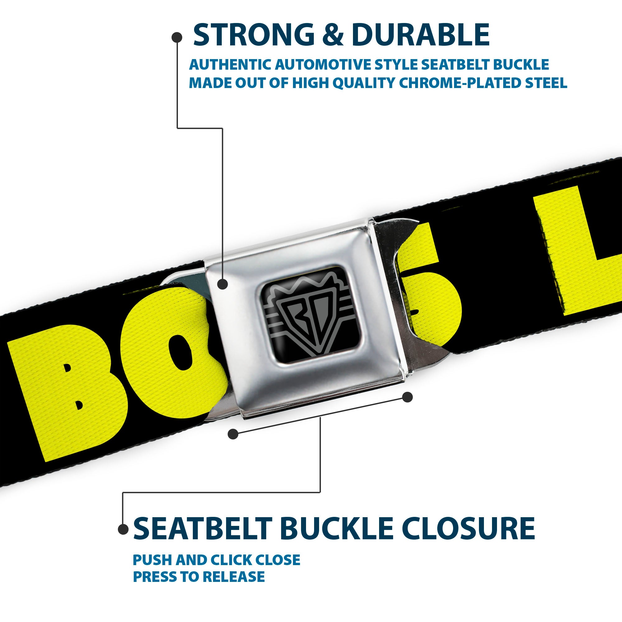 BD Wings Logo CLOSE-UP Full Color Black Silver Seatbelt Belt - LIKE A BOSS Black/Yellow Webbing Seatbelt Belts Buckle-Down