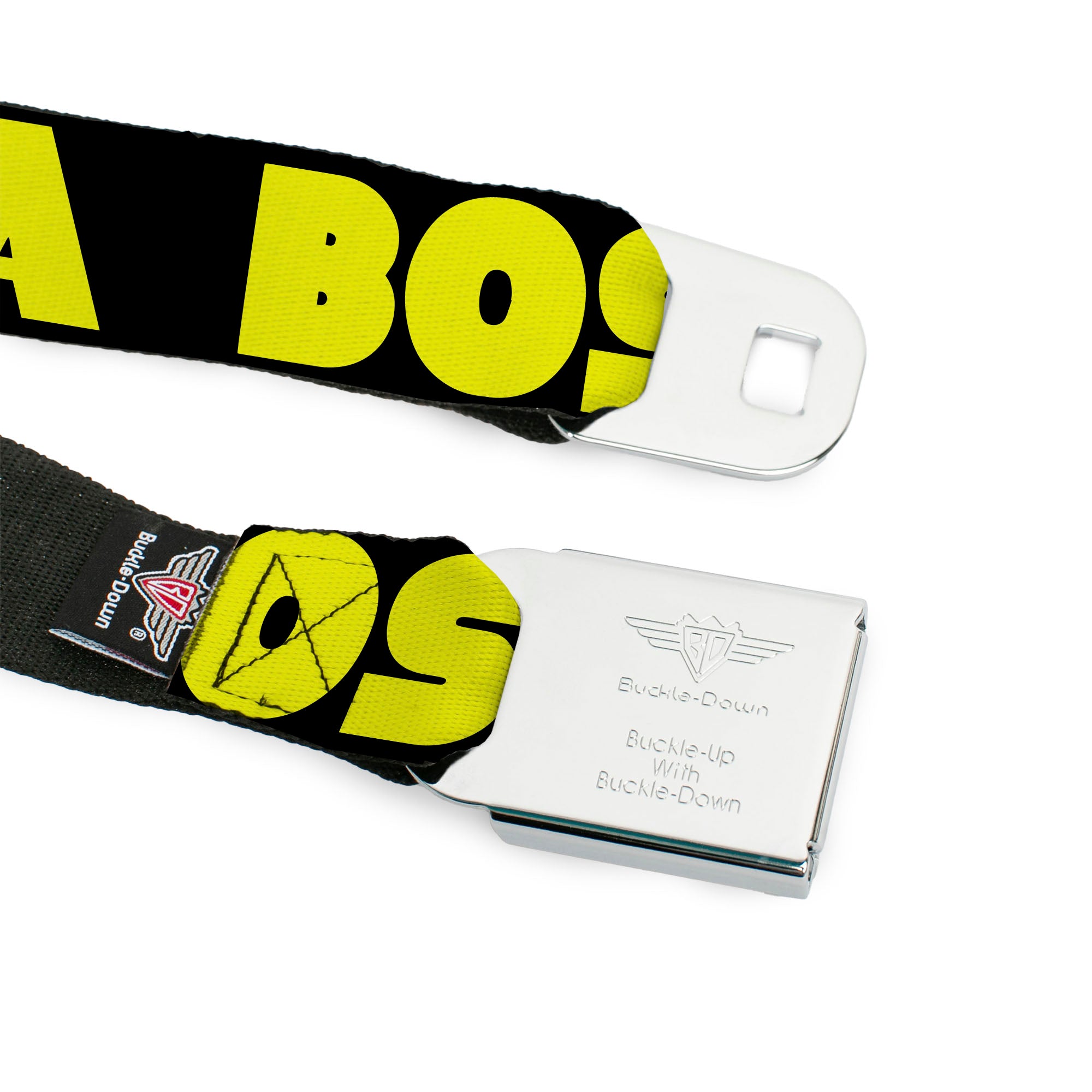 BD Wings Logo CLOSE-UP Full Color Black Silver Seatbelt Belt - LIKE A BOSS Black/Yellow Webbing Seatbelt Belts Buckle-Down
