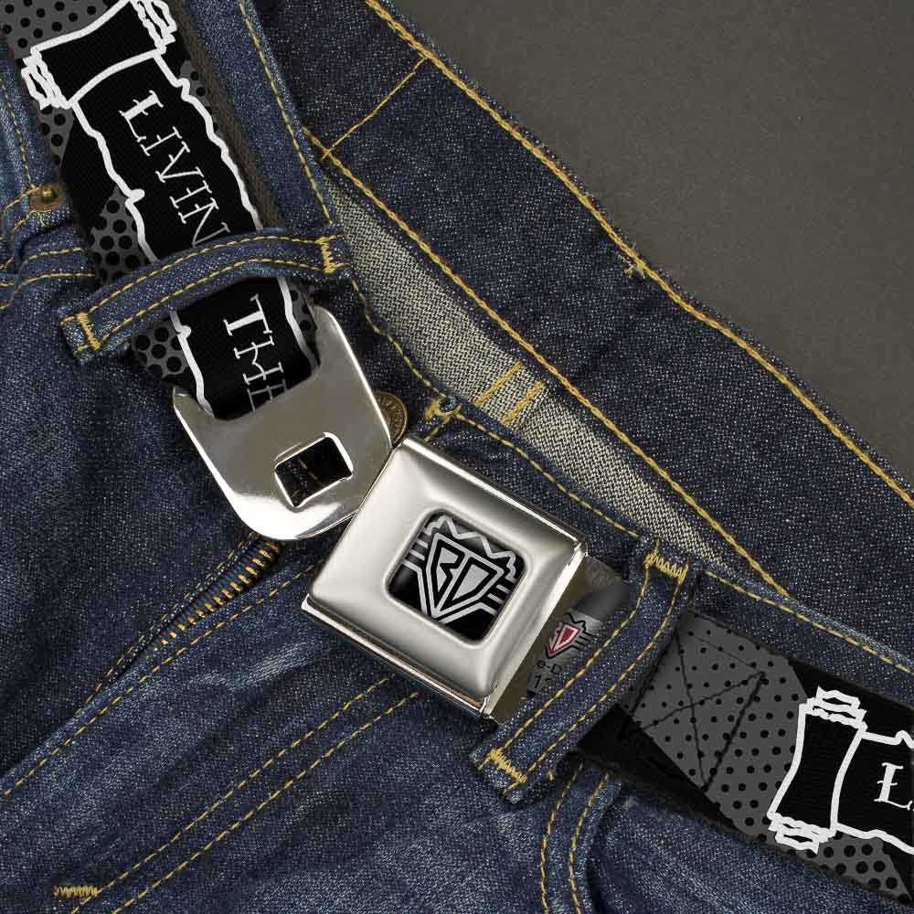 BD Wings Logo CLOSE-UP Full Color Black Silver Seatbelt Belt - LIVING THE DREAM Scroll Gray/Black/White Webbing Seatbelt Belts Buckle-Down