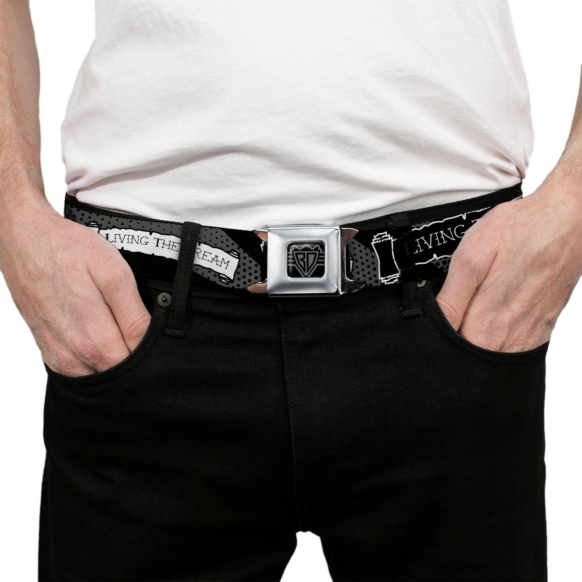 BD Wings Logo CLOSE-UP Full Color Black Silver Seatbelt Belt - LIVING THE DREAM Scroll Gray/Black/White Webbing Seatbelt Belts Buckle-Down