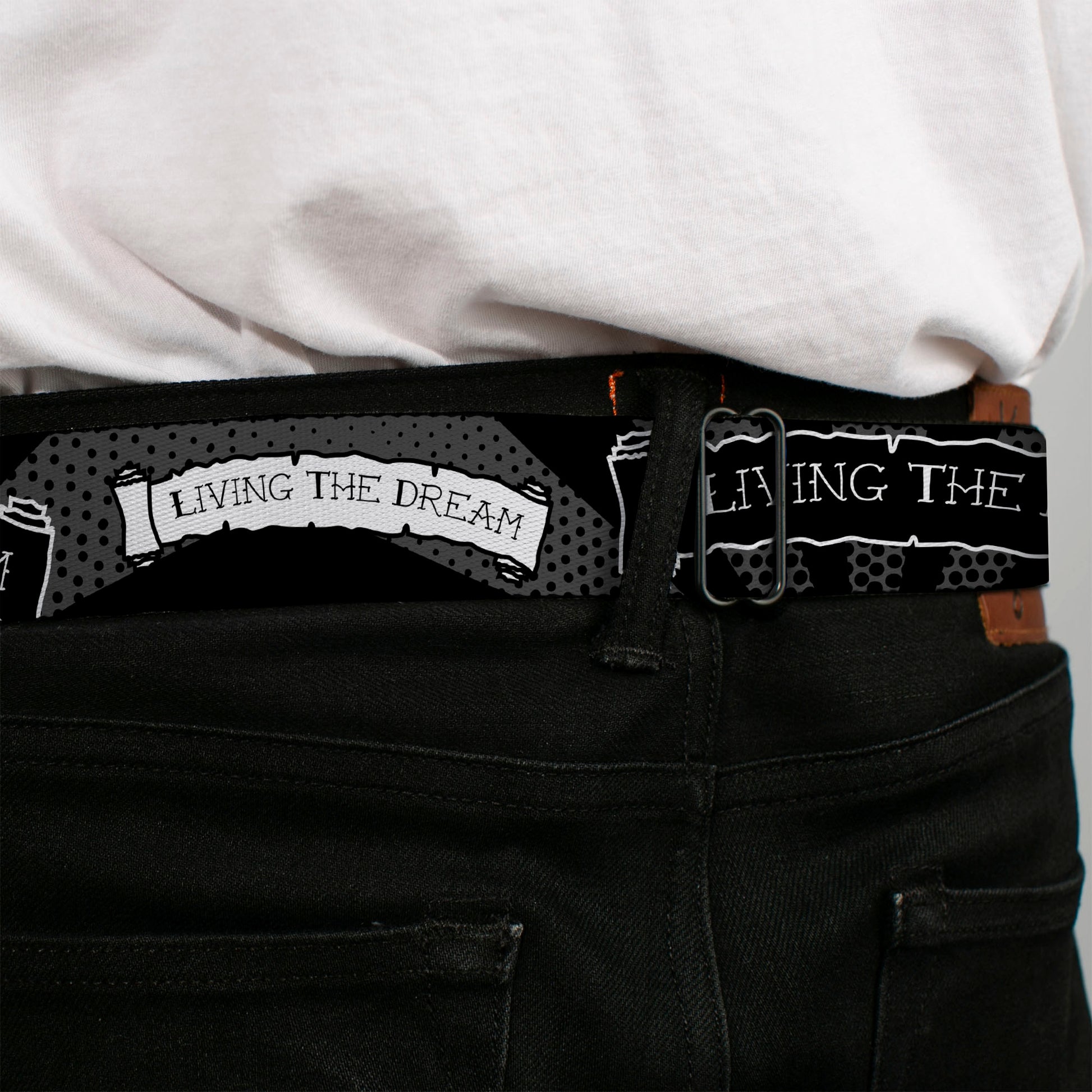 BD Wings Logo CLOSE-UP Full Color Black Silver Seatbelt Belt - LIVING THE DREAM Scroll Gray/Black/White Webbing Seatbelt Belts Buckle-Down