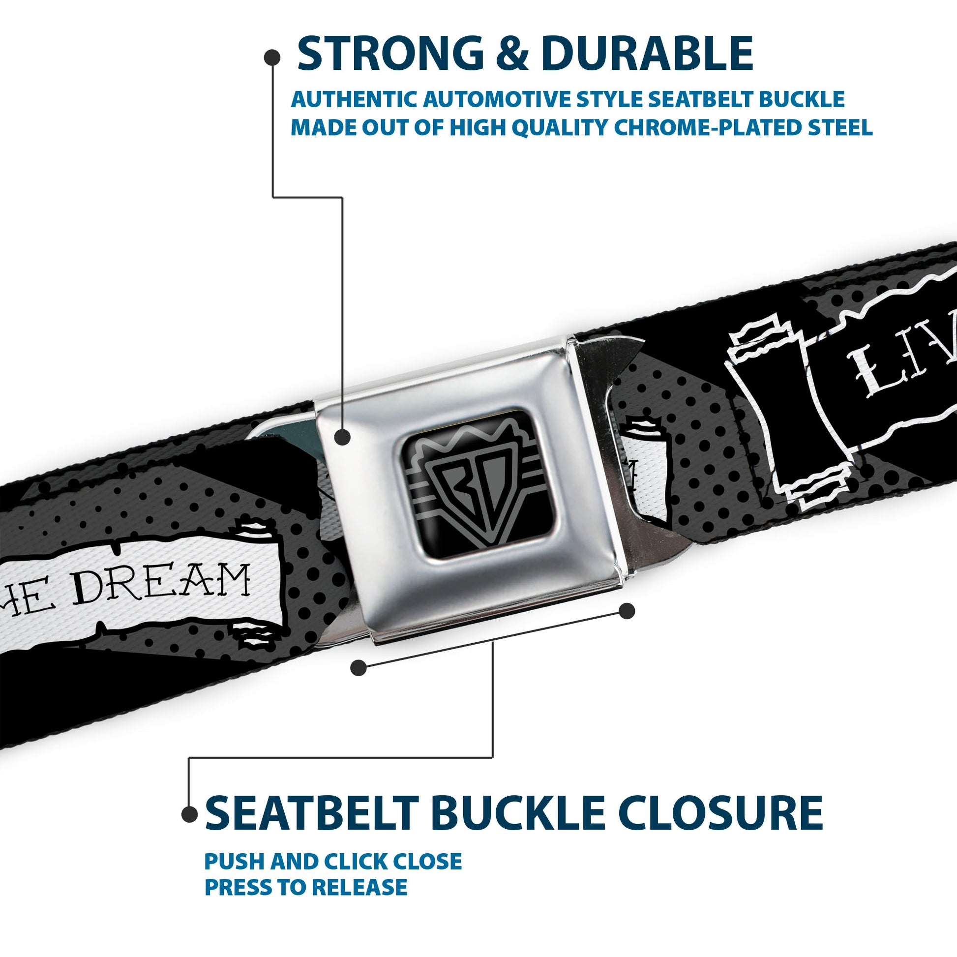BD Wings Logo CLOSE-UP Full Color Black Silver Seatbelt Belt - LIVING THE DREAM Scroll Gray/Black/White Webbing Seatbelt Belts Buckle-Down
