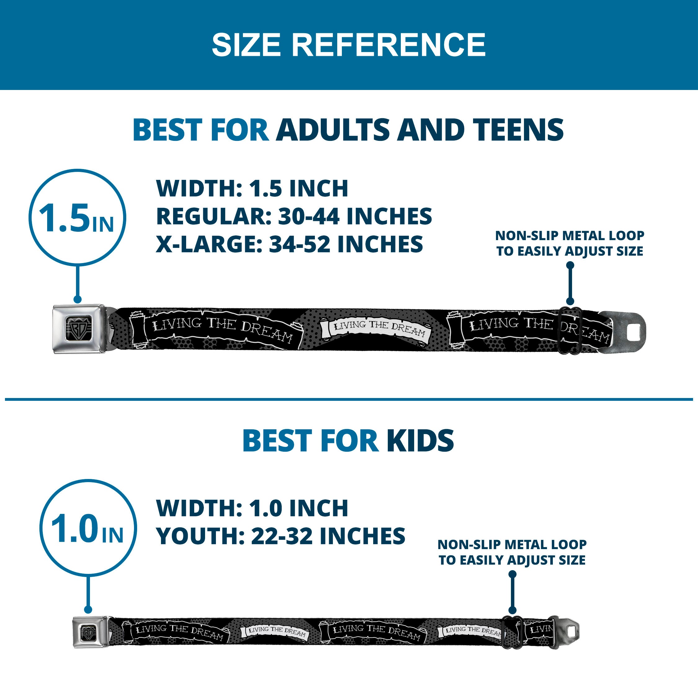 BD Wings Logo CLOSE-UP Full Color Black Silver Seatbelt Belt - LIVING THE DREAM Scroll Gray/Black/White Webbing Seatbelt Belts Buckle-Down