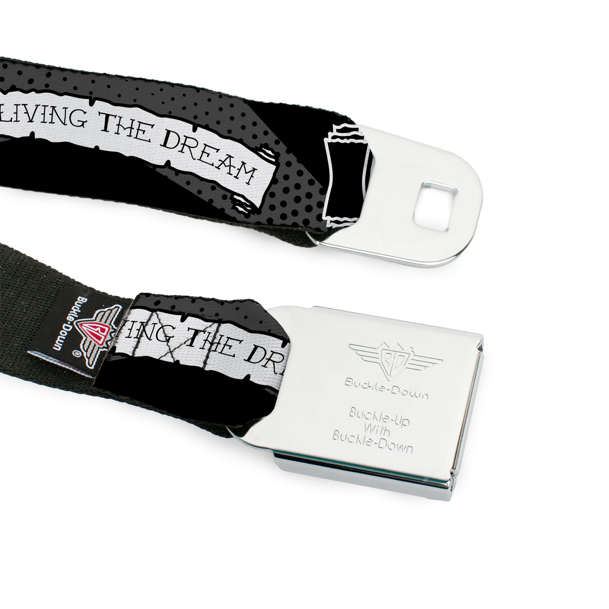 BD Wings Logo CLOSE-UP Full Color Black Silver Seatbelt Belt - LIVING THE DREAM Scroll Gray/Black/White Webbing Seatbelt Belts Buckle-Down