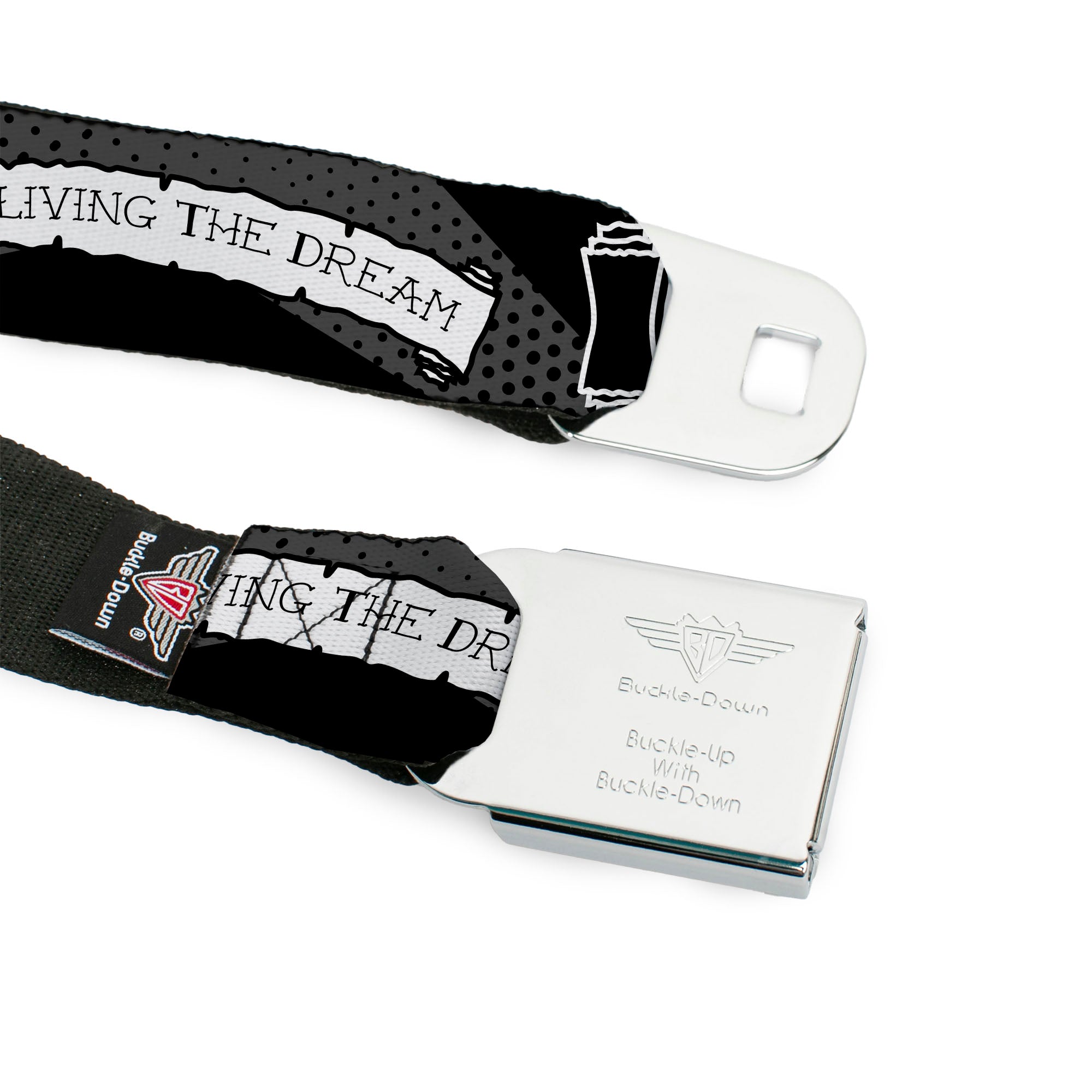 BD Wings Logo CLOSE-UP Full Color Black Silver Seatbelt Belt - LIVING THE DREAM Scroll Gray/Black/White Webbing Seatbelt Belts Buckle-Down
