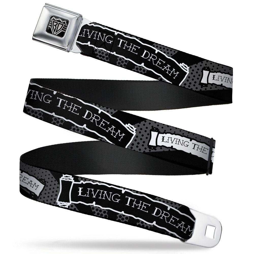 BD Wings Logo CLOSE-UP Full Color Black Silver Seatbelt Belt - LIVING THE DREAM Scroll Gray/Black/White Webbing Seatbelt Belts Buckle-Down
