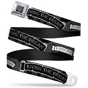 BD Wings Logo CLOSE-UP Full Color Black Silver Seatbelt Belt - LIVING THE DREAM Scroll Gray/Black/White Webbing Seatbelt Belts Buckle-Down