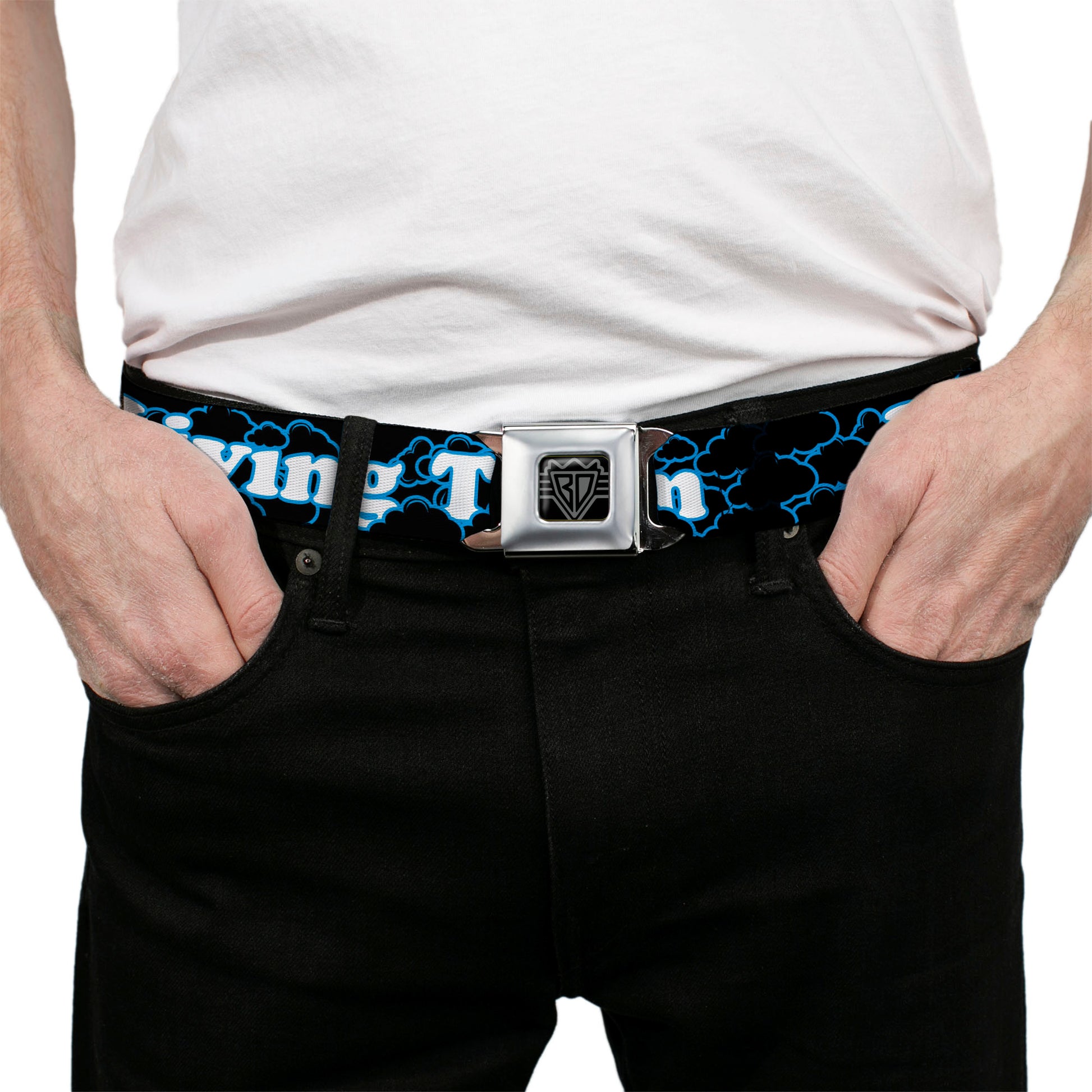 BD Wings Logo CLOSE-UP Full Color Black Silver Seatbelt Belt - LIVING THE DREAM/Clouds Black/Blue/White Webbing Seatbelt Belts Buckle-Down