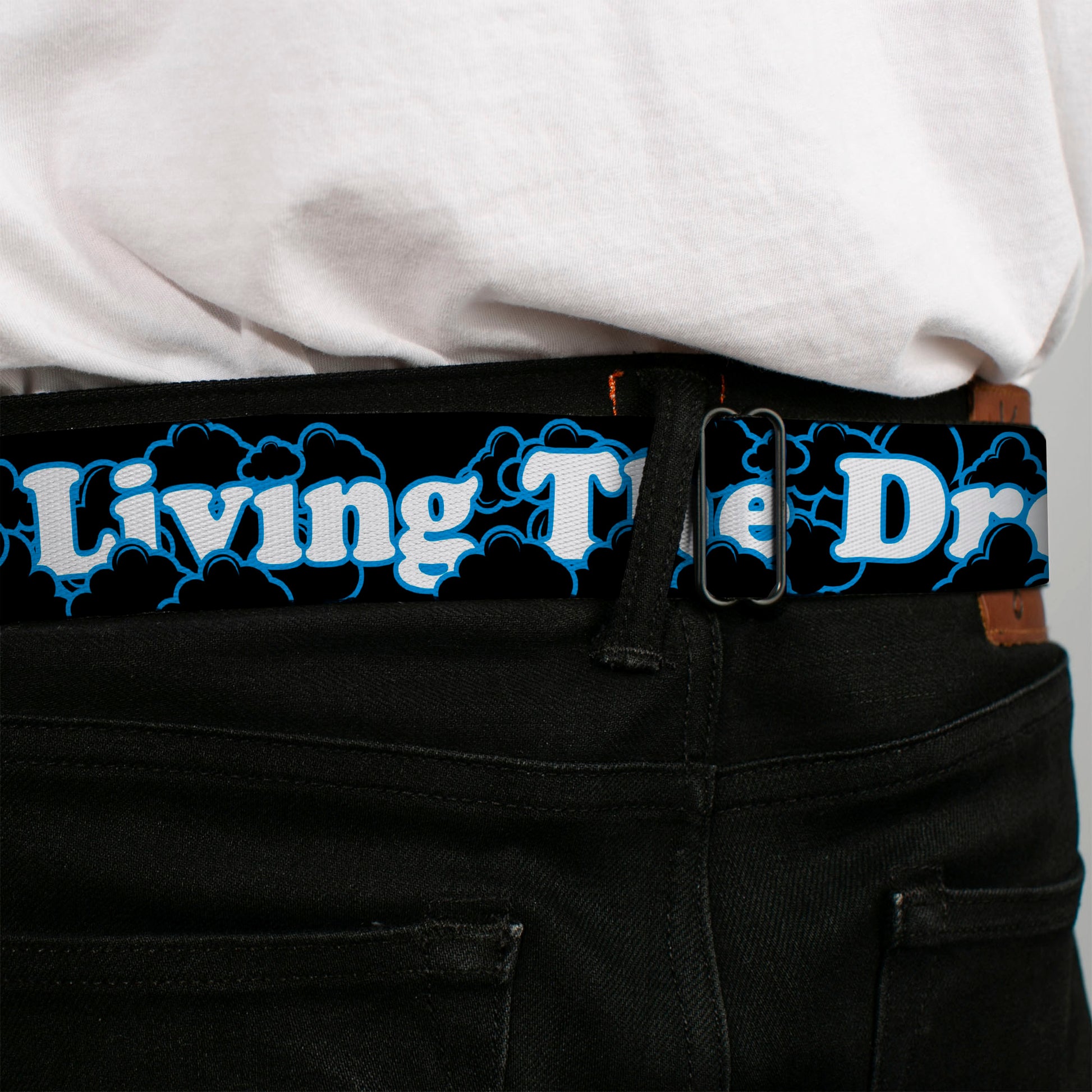 BD Wings Logo CLOSE-UP Full Color Black Silver Seatbelt Belt - LIVING THE DREAM/Clouds Black/Blue/White Webbing Seatbelt Belts Buckle-Down