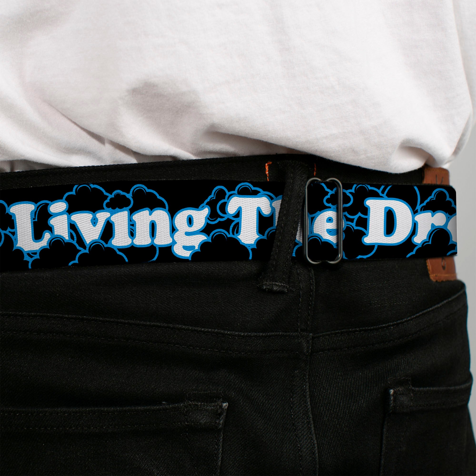 BD Wings Logo CLOSE-UP Full Color Black Silver Seatbelt Belt - LIVING THE DREAM/Clouds Black/Blue/White Webbing Seatbelt Belts Buckle-Down