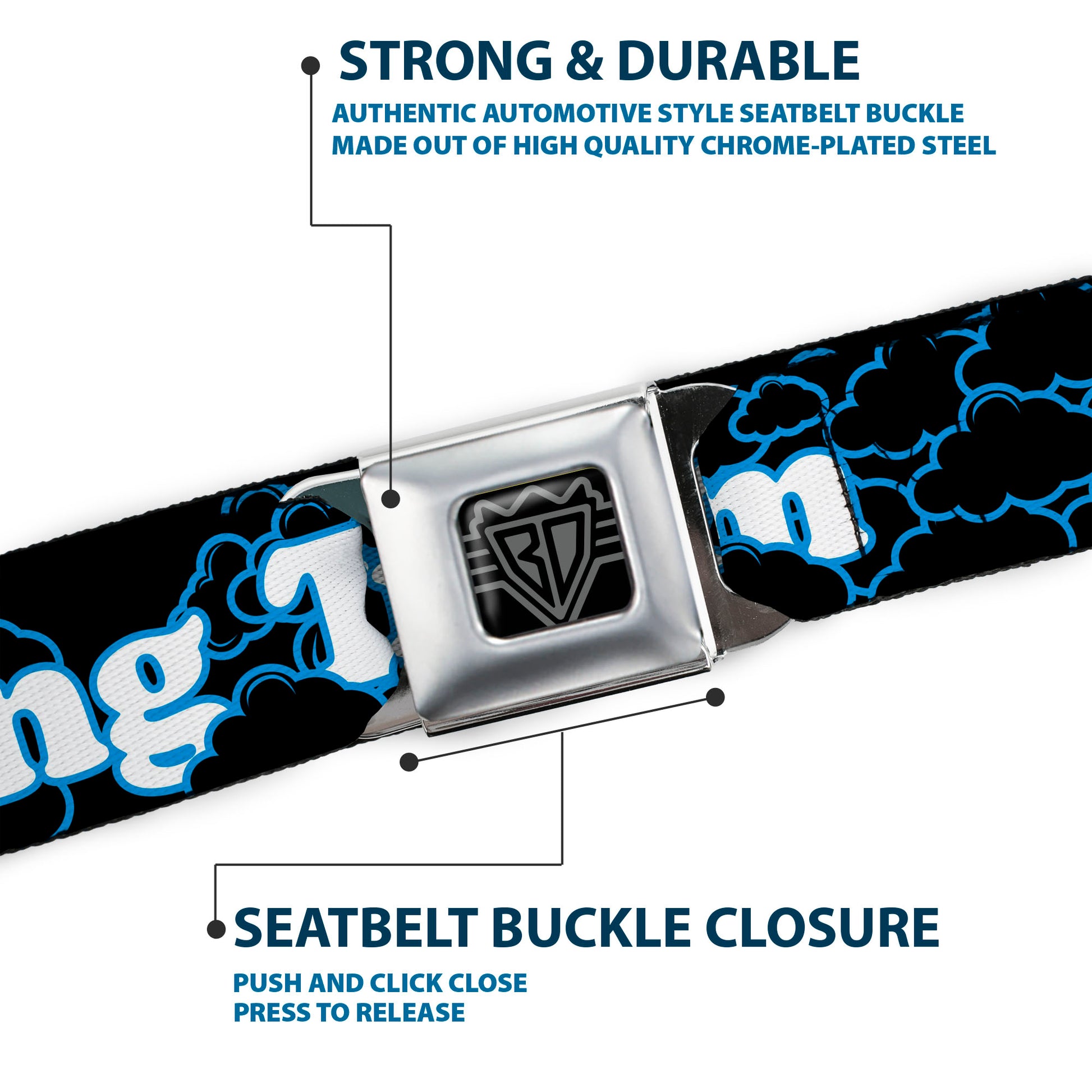 BD Wings Logo CLOSE-UP Full Color Black Silver Seatbelt Belt - LIVING THE DREAM/Clouds Black/Blue/White Webbing Seatbelt Belts Buckle-Down