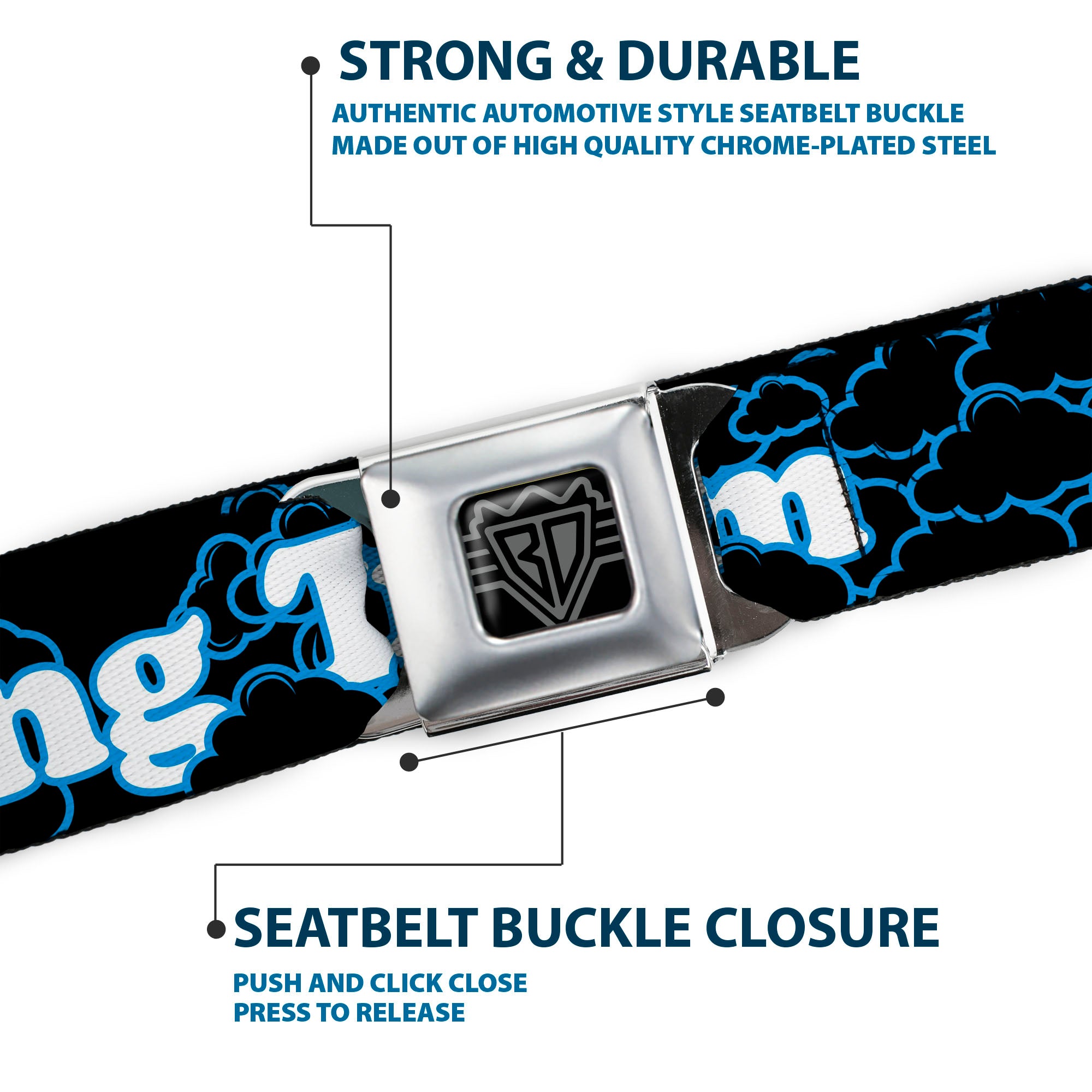 BD Wings Logo CLOSE-UP Full Color Black Silver Seatbelt Belt - LIVING THE DREAM/Clouds Black/Blue/White Webbing Seatbelt Belts Buckle-Down