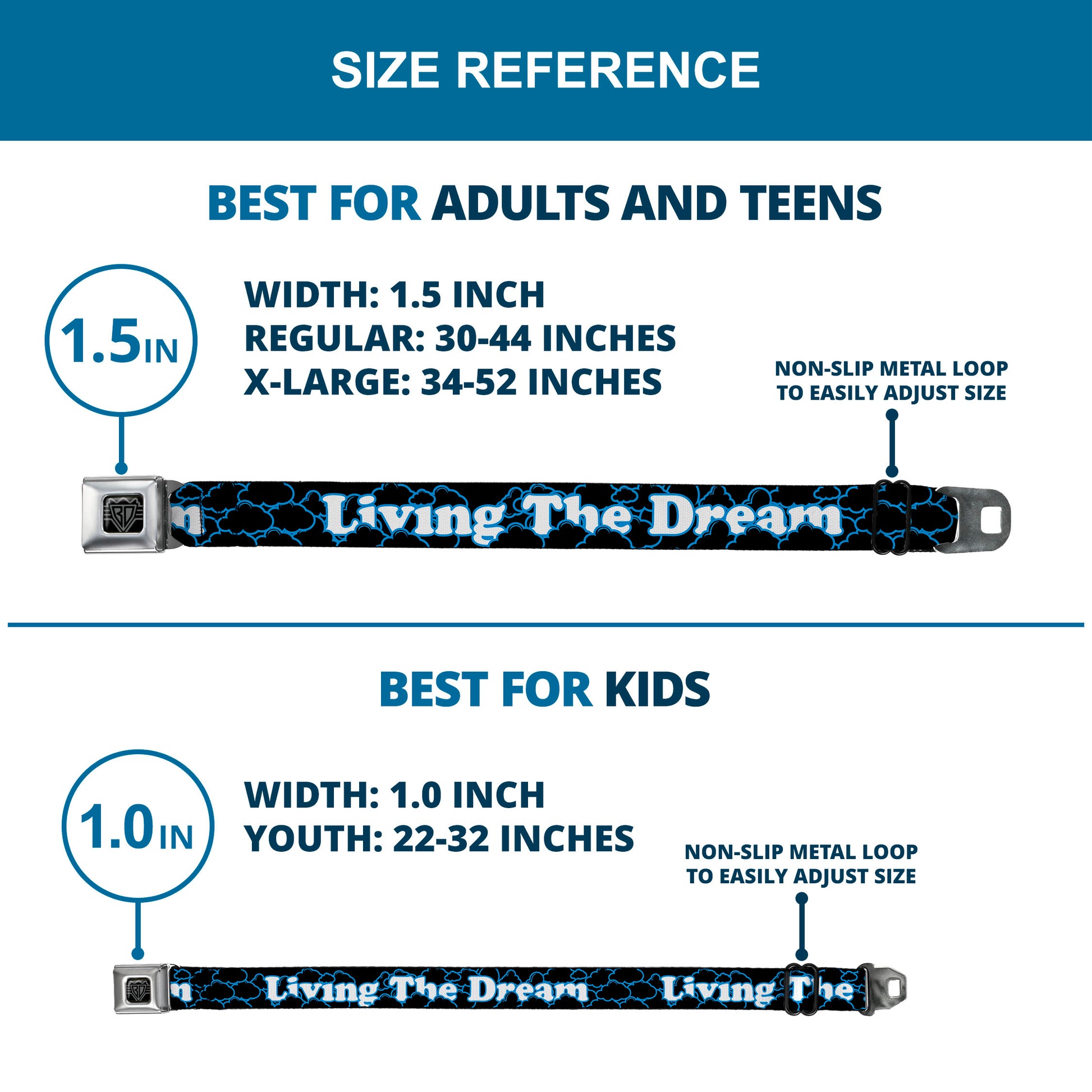 BD Wings Logo CLOSE-UP Full Color Black Silver Seatbelt Belt - LIVING THE DREAM/Clouds Black/Blue/White Webbing Seatbelt Belts Buckle-Down