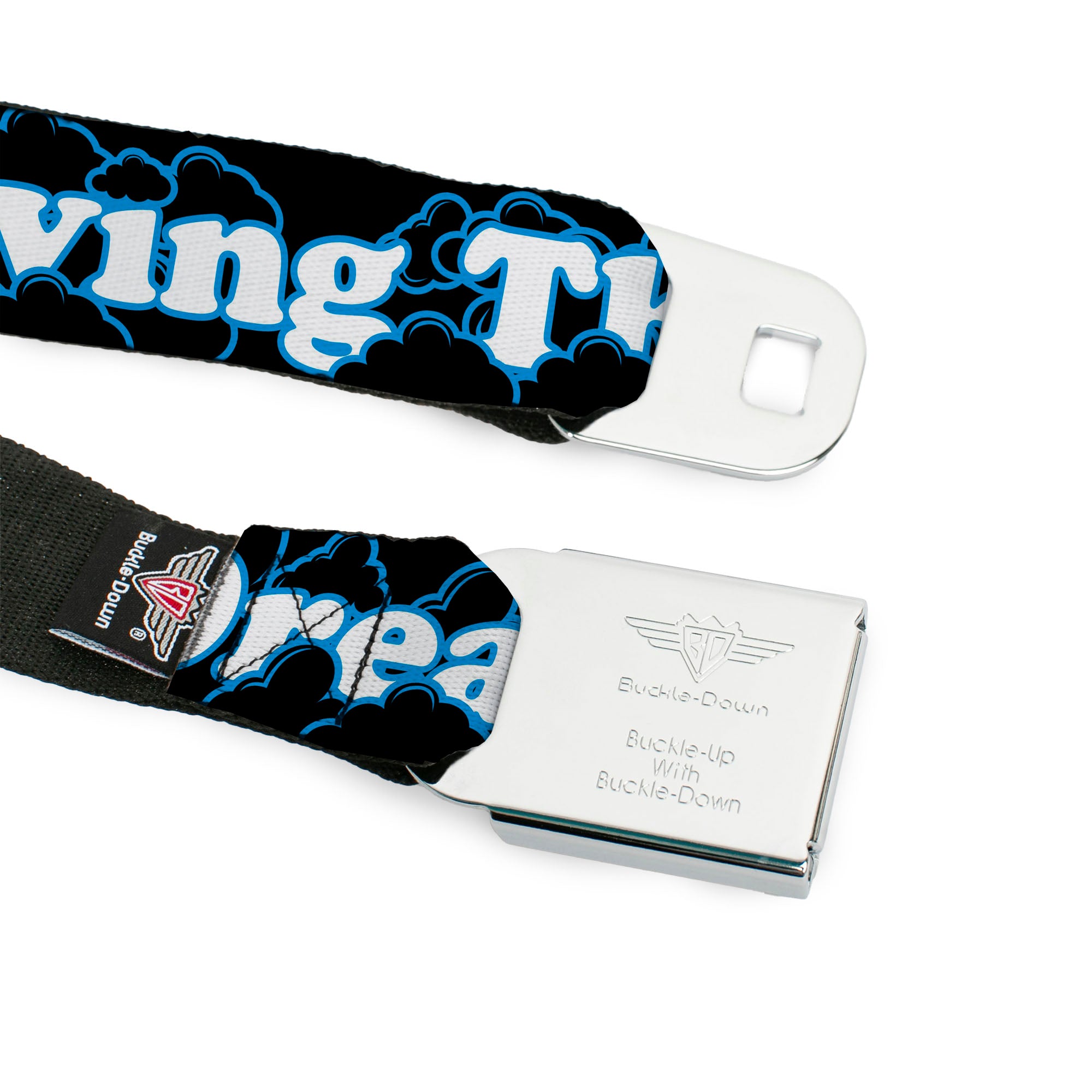 BD Wings Logo CLOSE-UP Full Color Black Silver Seatbelt Belt - LIVING THE DREAM/Clouds Black/Blue/White Webbing Seatbelt Belts Buckle-Down