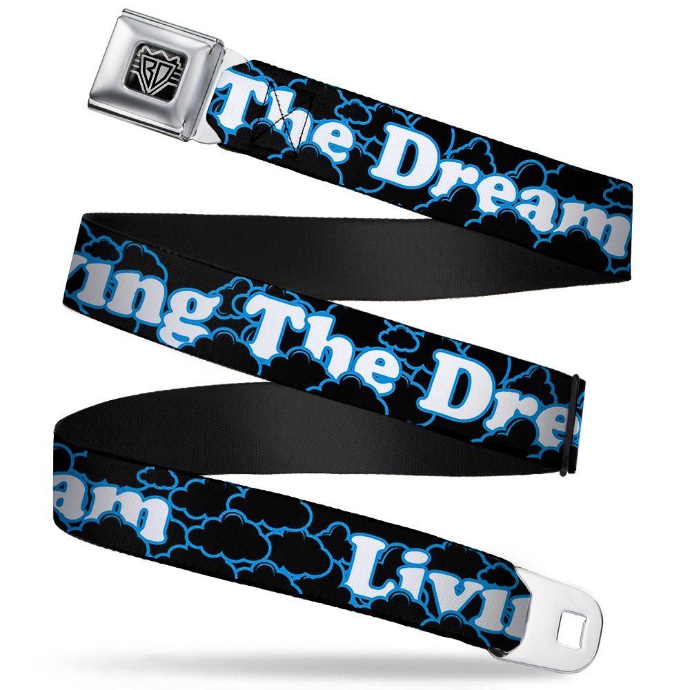 BD Wings Logo CLOSE-UP Full Color Black Silver Seatbelt Belt - LIVING THE DREAM/Clouds Black/Blue/White Webbing Seatbelt Belts Buckle-Down