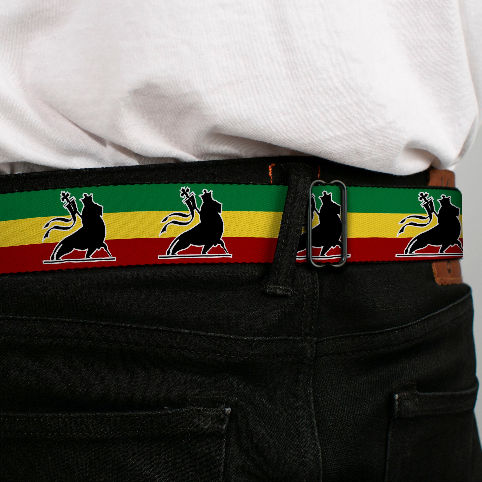 BD Wings Logo CLOSE-UP Full Color Black Silver Seatbelt Belt - Lion of Zion Repeat Webbing Seatbelt Belts Buckle-Down