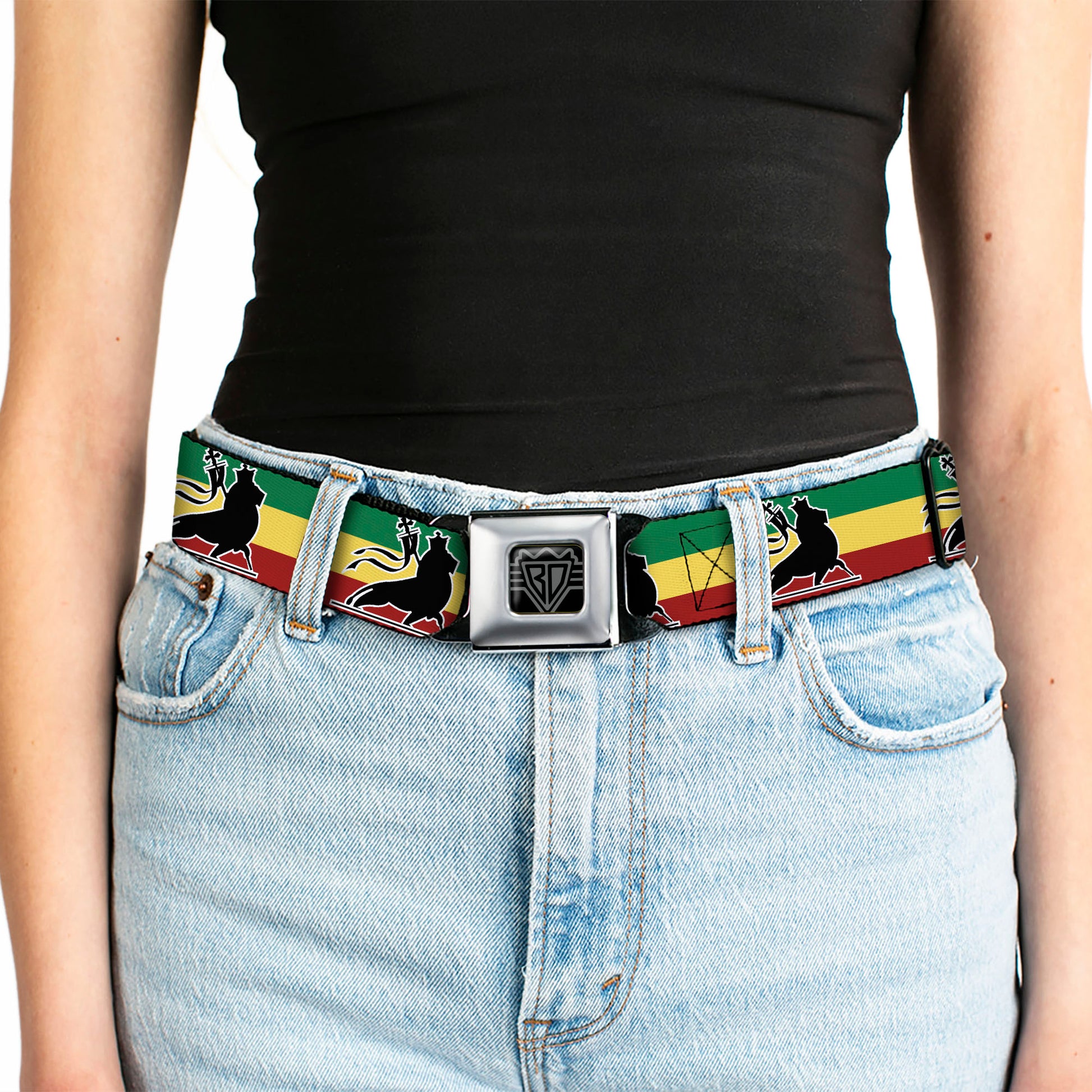 BD Wings Logo CLOSE-UP Full Color Black Silver Seatbelt Belt - Lion of Zion Repeat Webbing Seatbelt Belts Buckle-Down