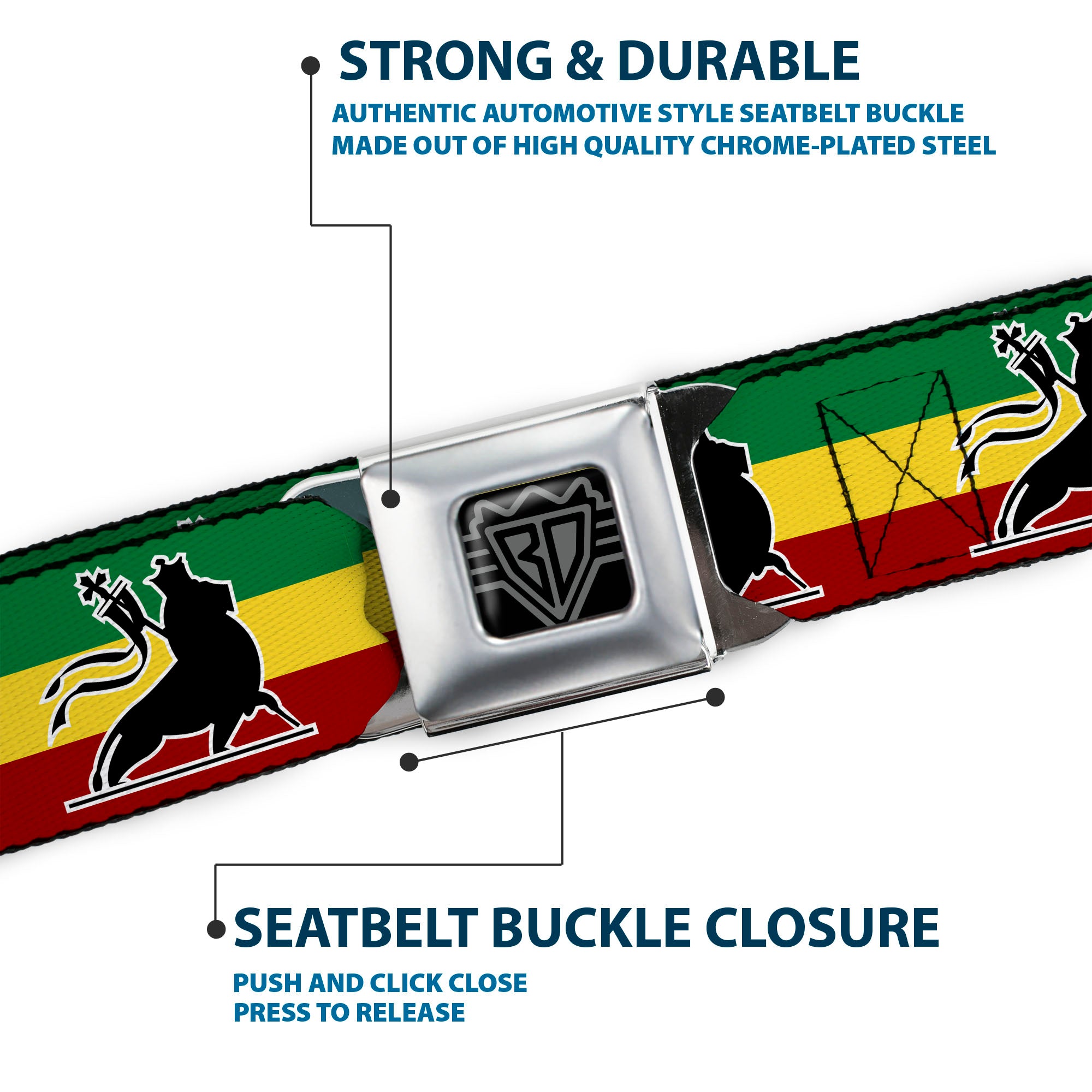 BD Wings Logo CLOSE-UP Full Color Black Silver Seatbelt Belt - Lion of Zion Repeat Webbing Seatbelt Belts Buckle-Down